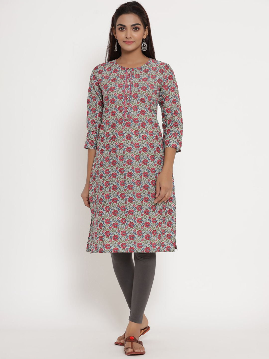 

mirari Women Floral Printed Cotton Kurta, Grey