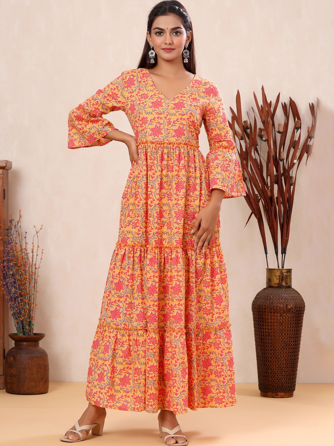 

mirari Women Ethnic Motifs Printed Bell Sleeves Pure Cotton Anarkali Kurta, Orange