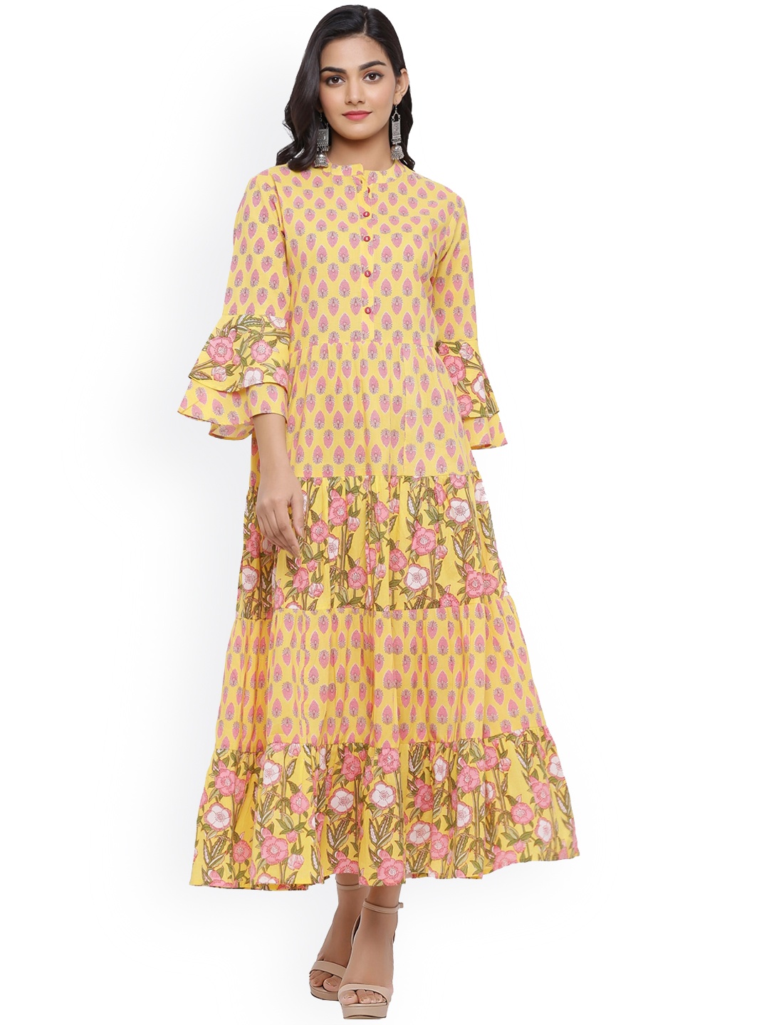 

mirari Floral Printed Bell Sleeves Cotton Anarkali Kurta, Yellow