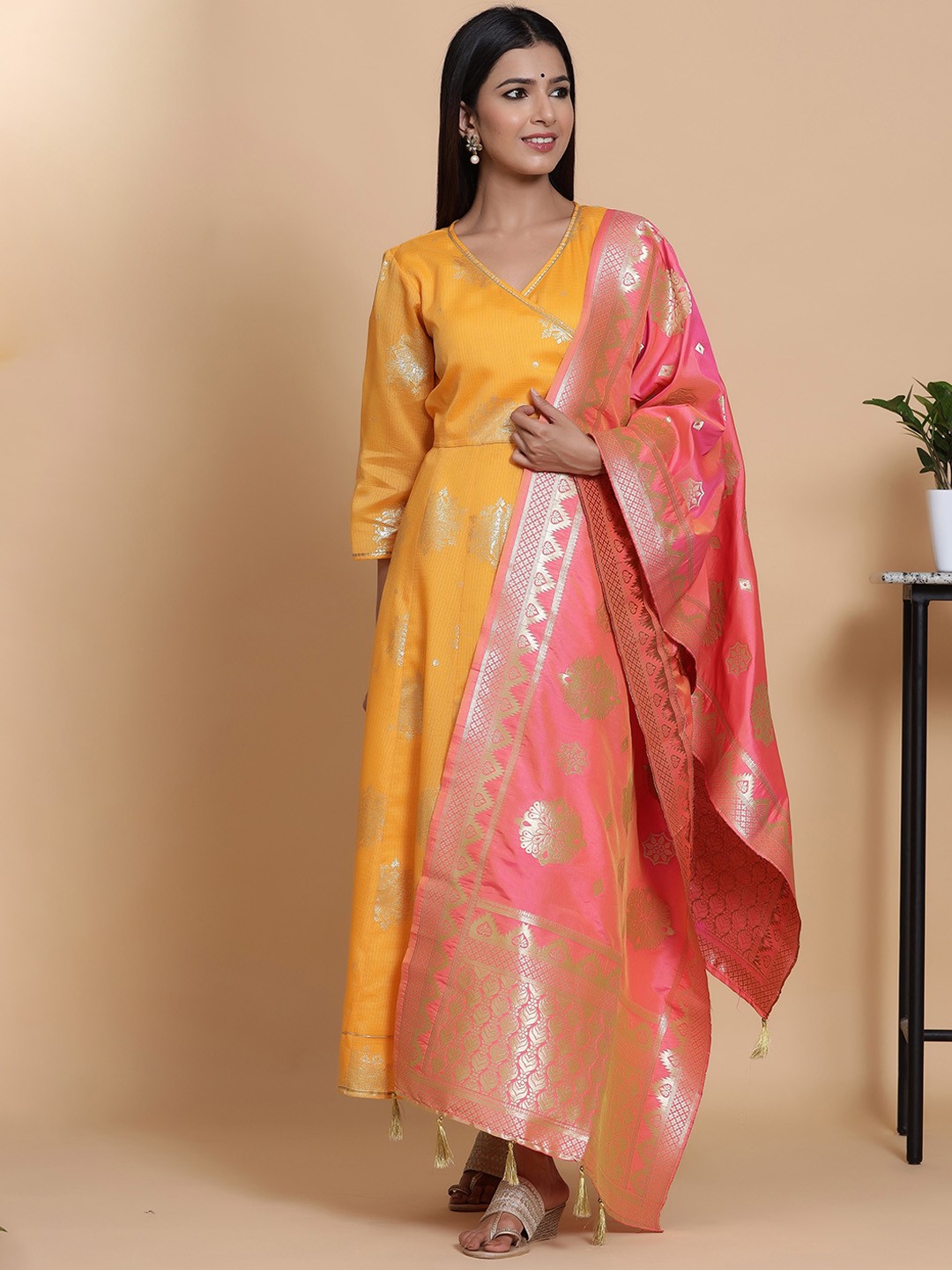 

mirari Women Ethnic Motifs Printed Indie Prints Anarkali Pure Cotton Kurta, Yellow