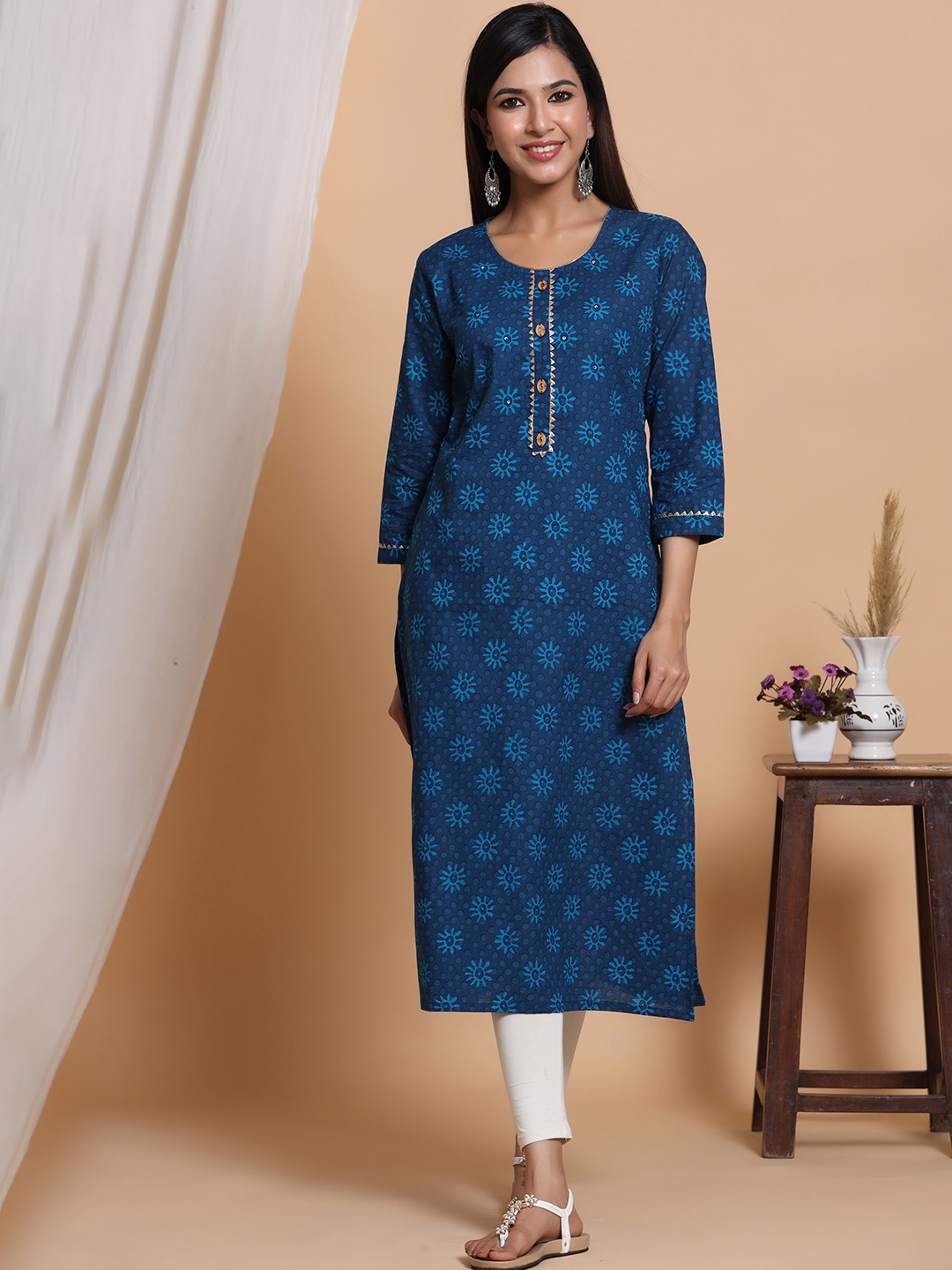 

mirari Women Floral Printed Regular Cotton Kurta, Blue