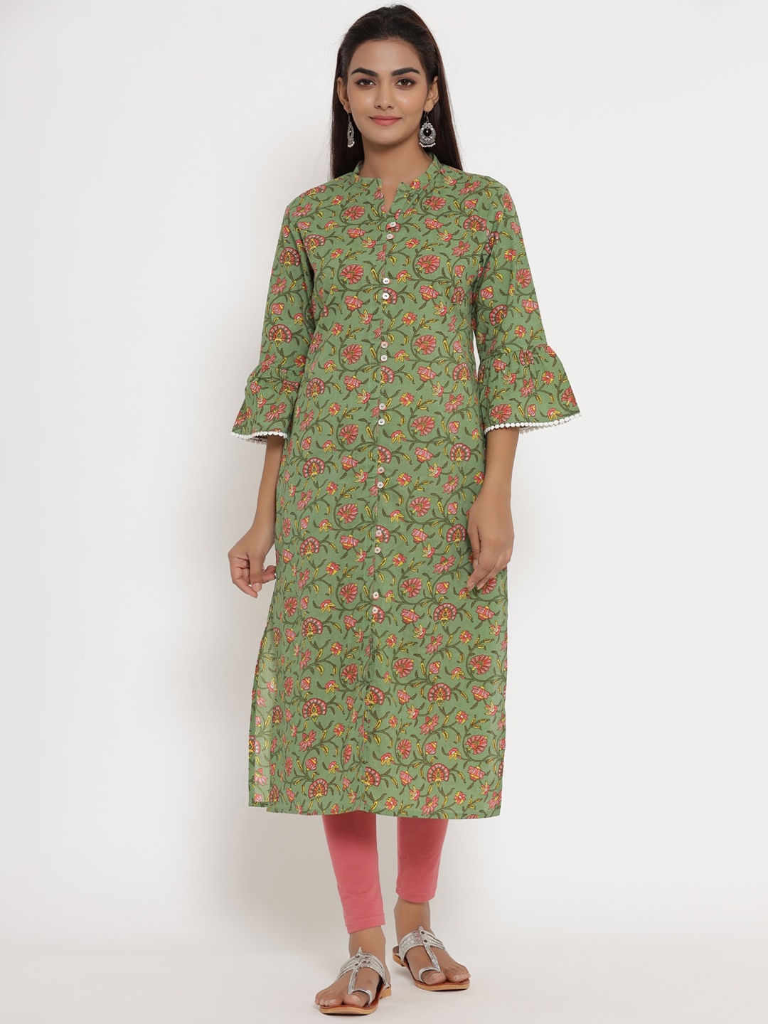 

mirari Women Floral Printed Bell Sleeves Cotton Kurta, Green