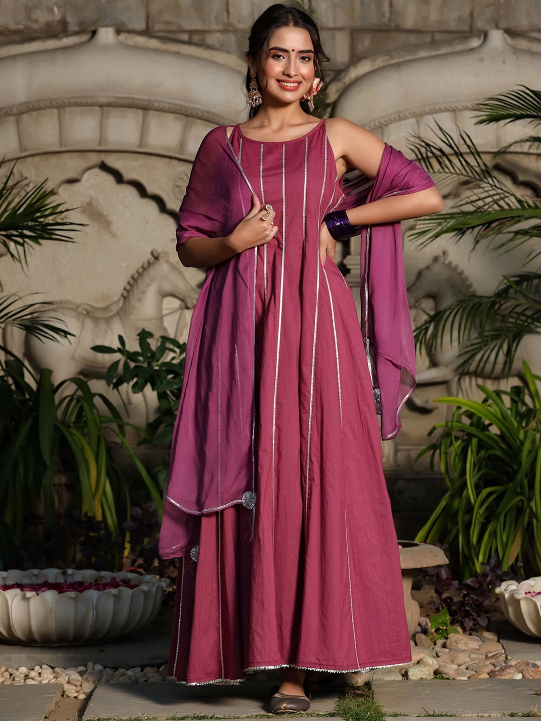 

mirari Women Striped Gotapatti Detail Anarkali Ethnic Dress With Dupatta, Pink