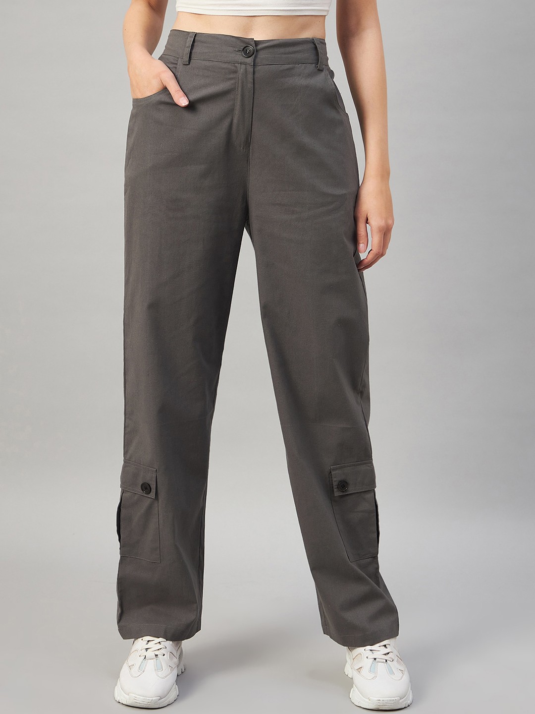 

Orchid Hues Women High-Rise Easy Wash Pure Cotton Cargo Trousers, Grey