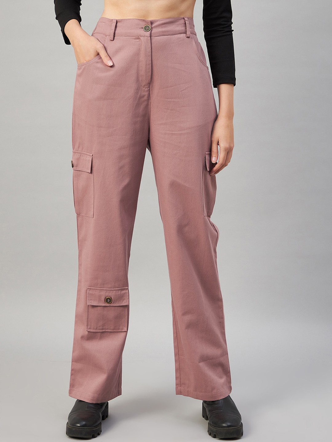 

Orchid Blues Women Flared High-Rise Easy Wash Cotton Trousers, Pink