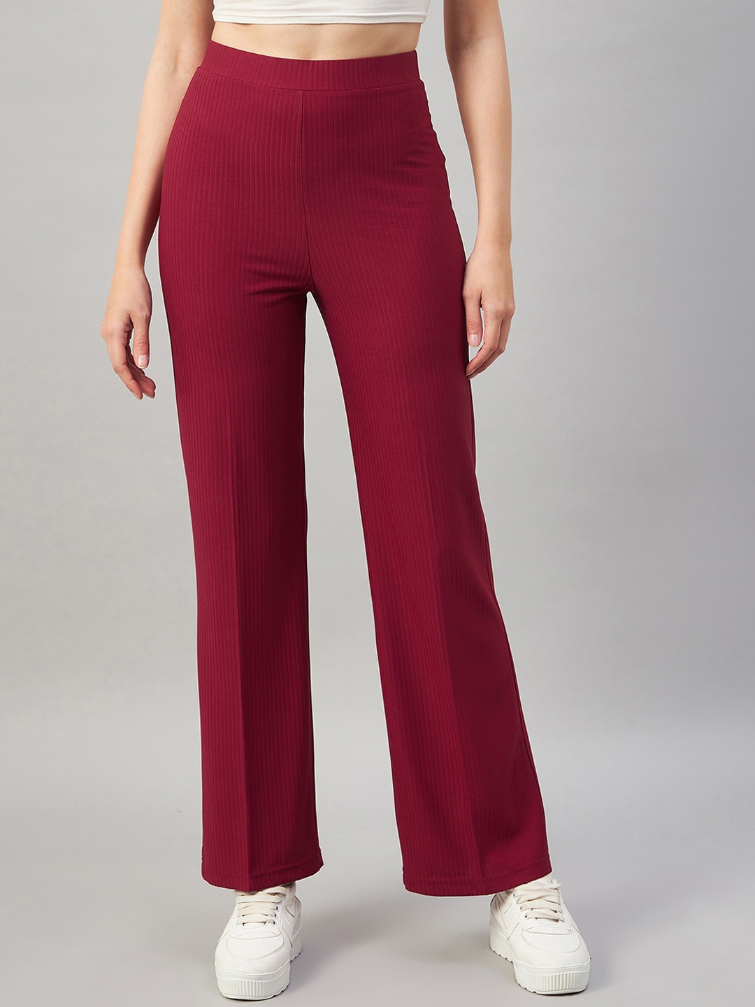 

Orchid Blues Women Flared High-Rise Flat-Front Parallel Trousers, Maroon