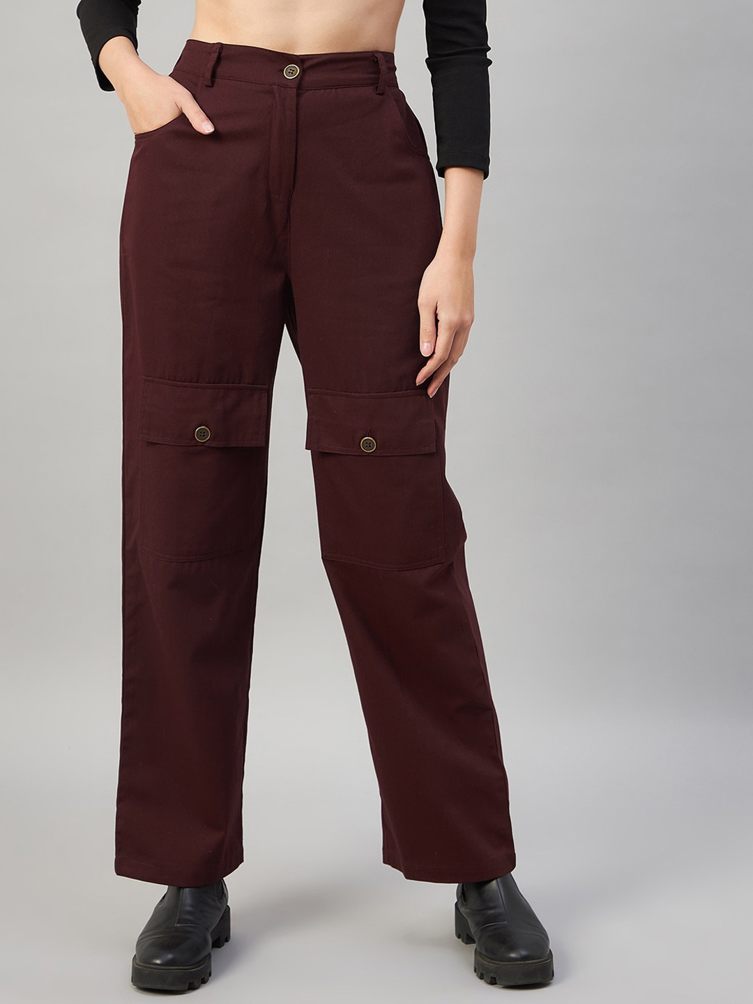 

Orchid Blues Women Flared High-Rise Easy Wash Pure Cotton Trousers, Brown