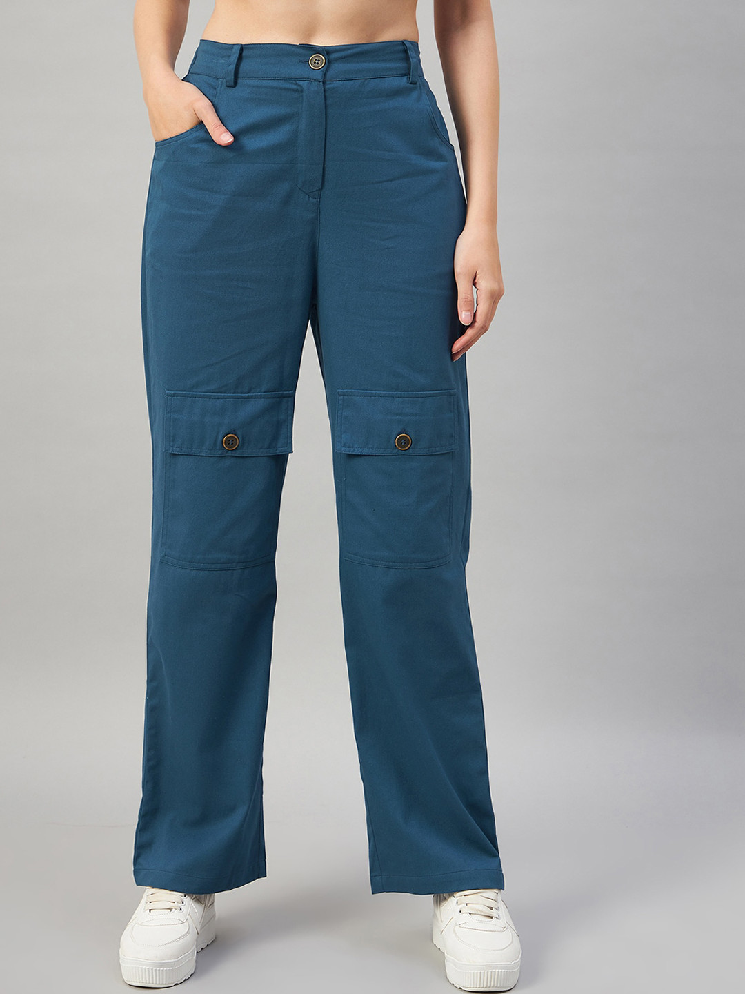 

Orchid Blues Women Flared High-Rise Easy Wash Pure Cotton Trousers, Blue