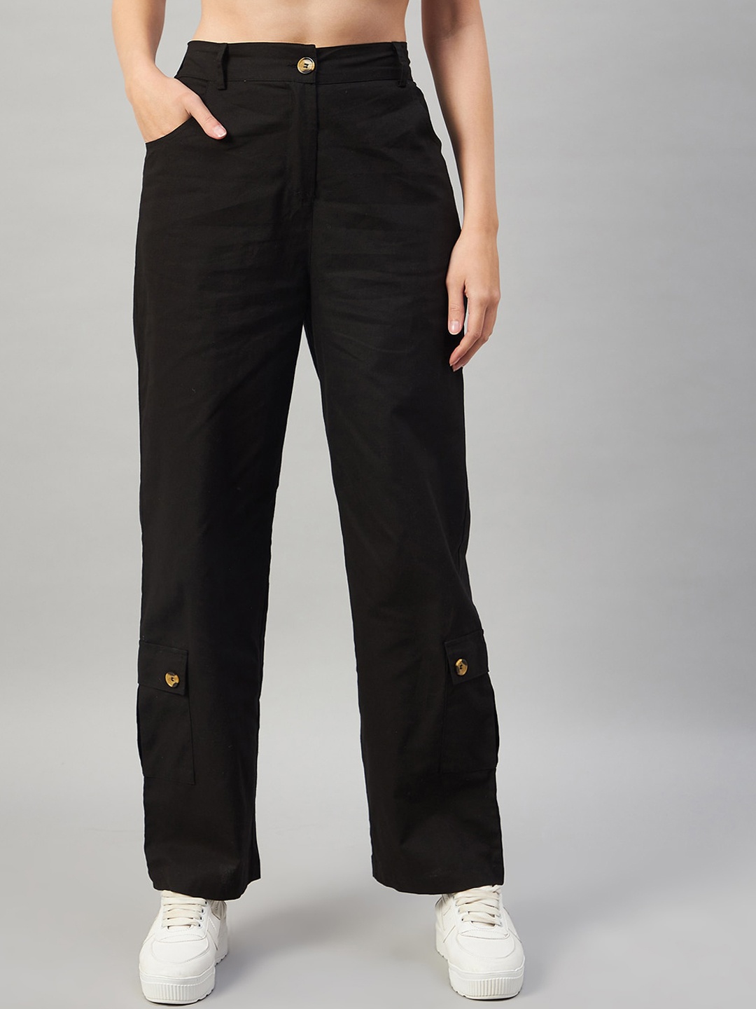 

Orchid Blues Women Flared High-Rise Cotton Trousers, Black