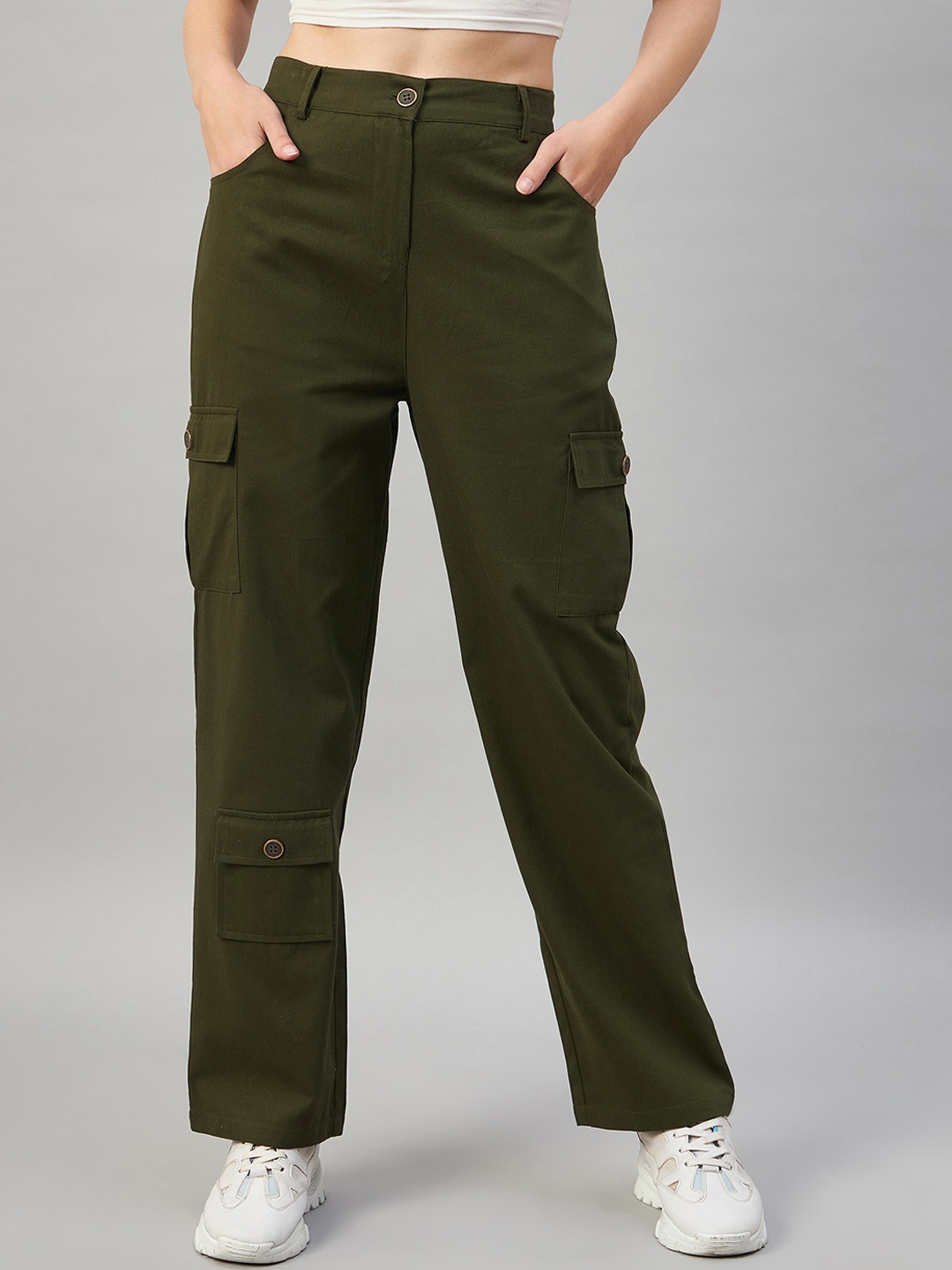 

Orchid Blues Women Flared High-Rise Easy Wash Pure Cotton Trousers, Olive