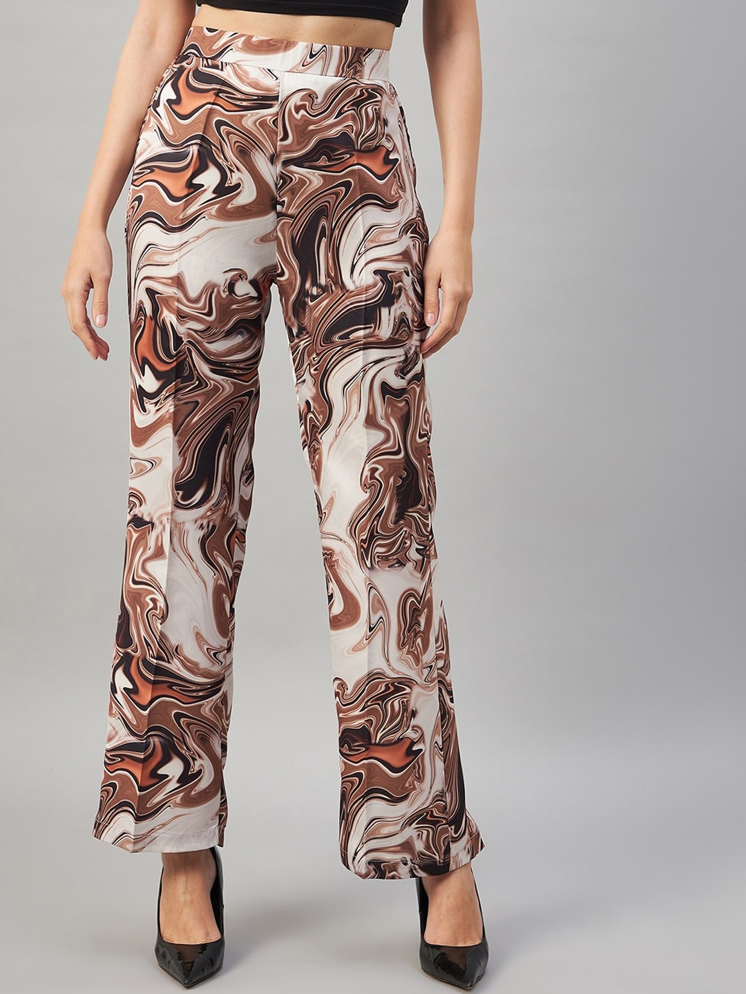 

Orchid Blues Women Printed Flared High-Rise Easy Wash Pure Cotton Trousers, Brown