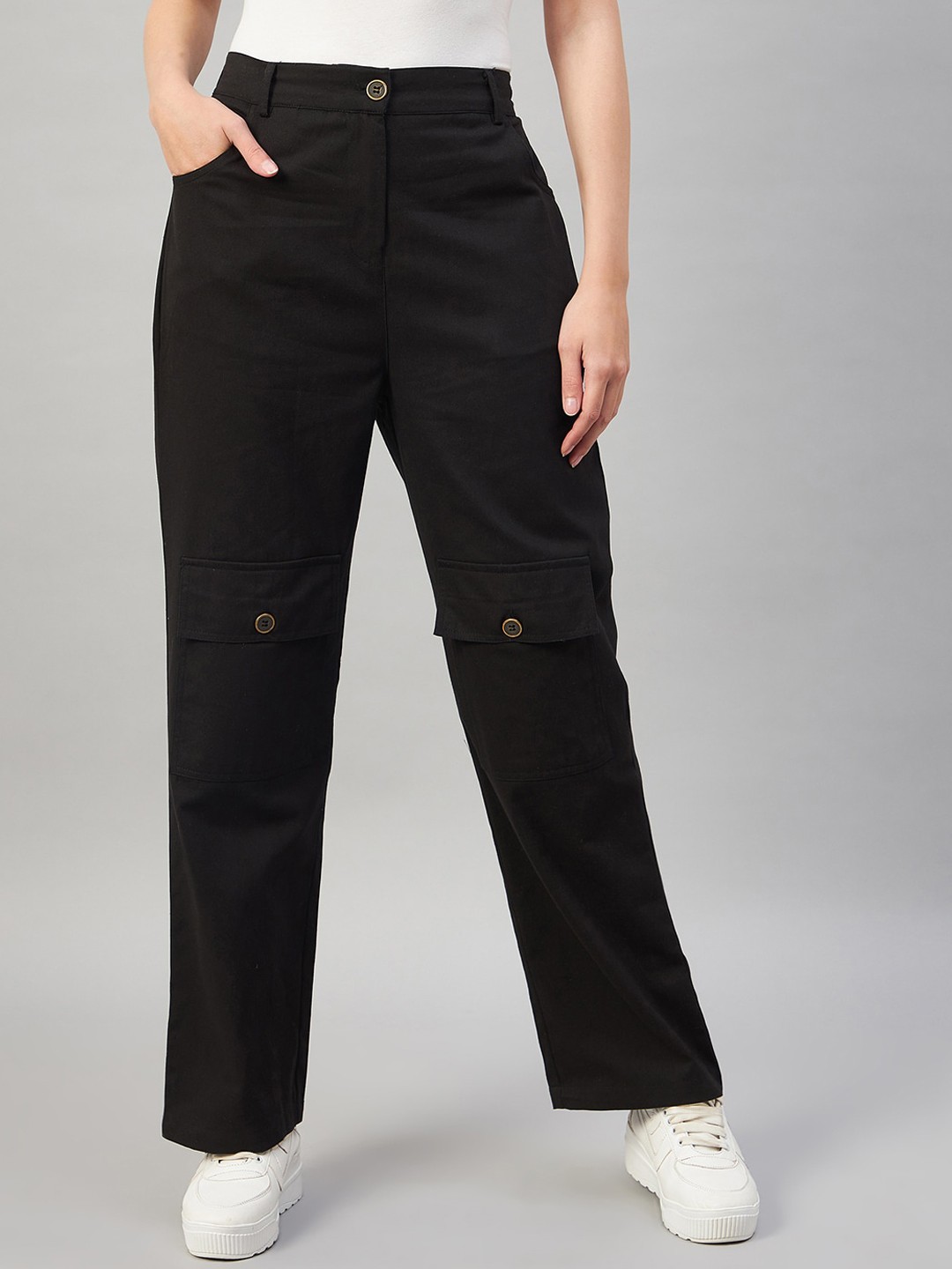 

Orchid Blues Women Flared High-Rise Cotton Cargo Trousers, Black