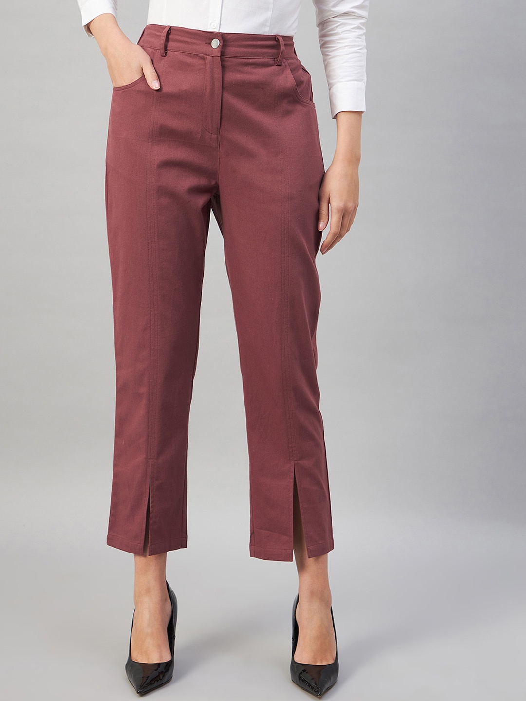 

Orchid Blues Women Tapered Fit High-Rise Cotton Trousers, Mauve