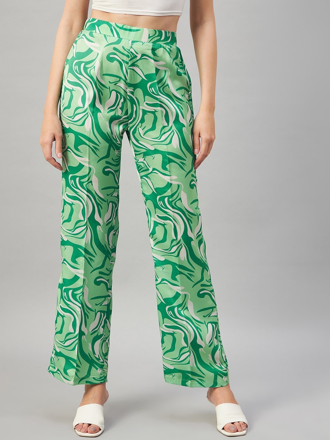 

Orchid Blues Women Printed Flared High-Rise Cotton Parallel Trousers, Green