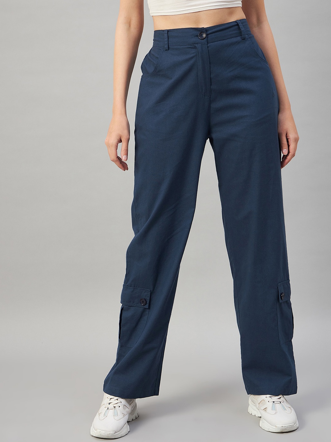 

Orchid Hues Women Flared High-Rise Cotton Cargos Trousers, Navy blue