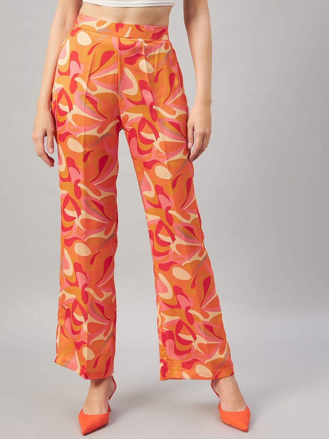 

Orchid Blues Women Printed Flared High-Rise Cotton Parallel Trousers, Orange