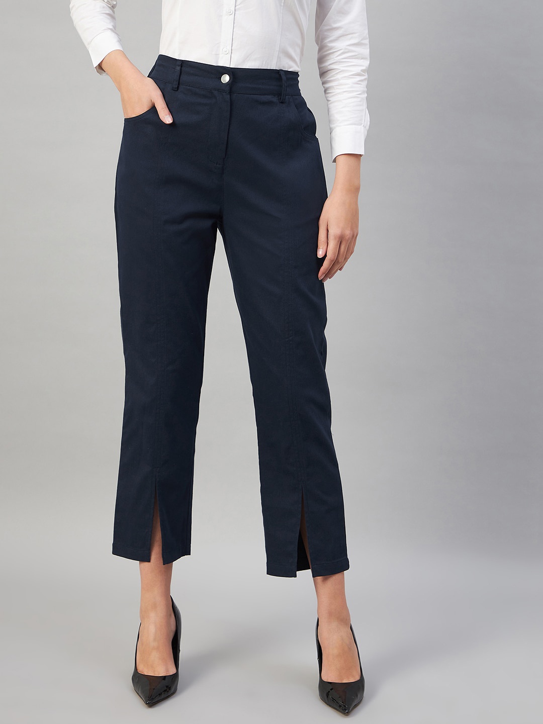 

Orchid Blues Women Tapered Fit High-Rise Pure Cotton Trousers, Navy blue