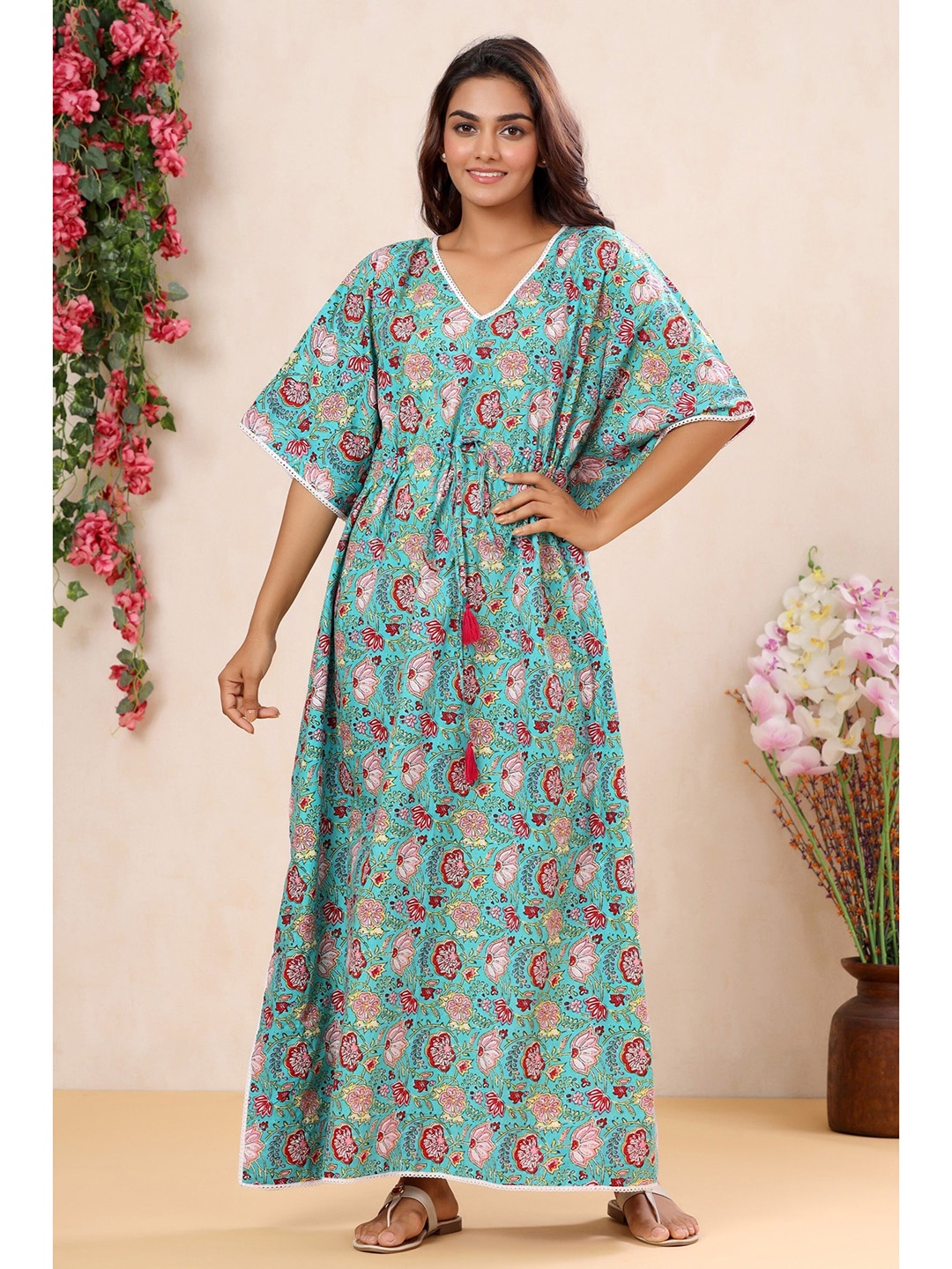 

mirari Printed Pure Cotton Maxi Kaftan Nightdress, Turquoise blue