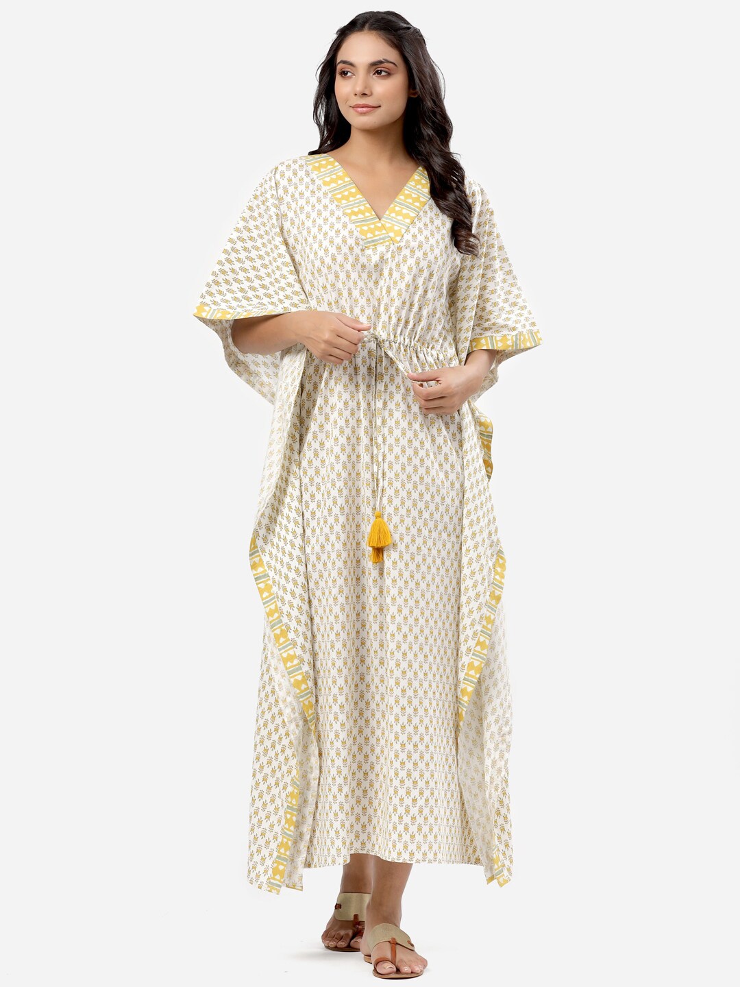 

mirari Printed Pure Cotton Maxi Kaftan Nightdress, White