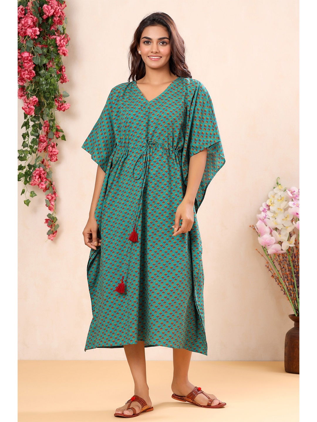 

mirari Printed Pure Cotton Kaftan Nightdress, Green