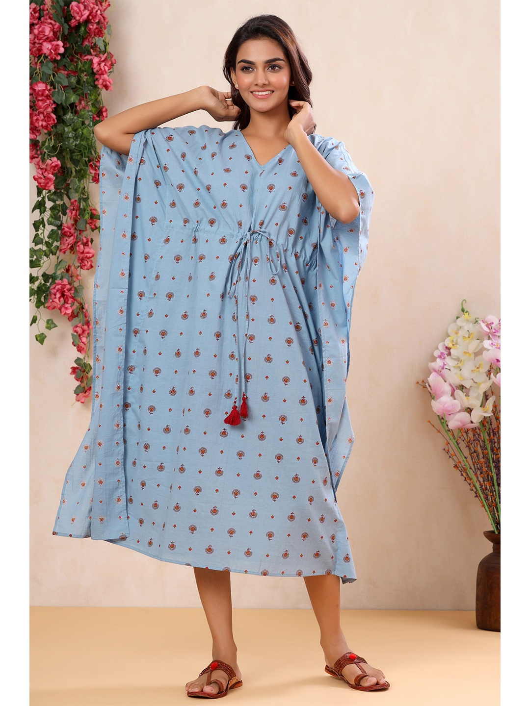 

mirari Printed Pure Cotton Kaftan Nightdress, Turquoise blue