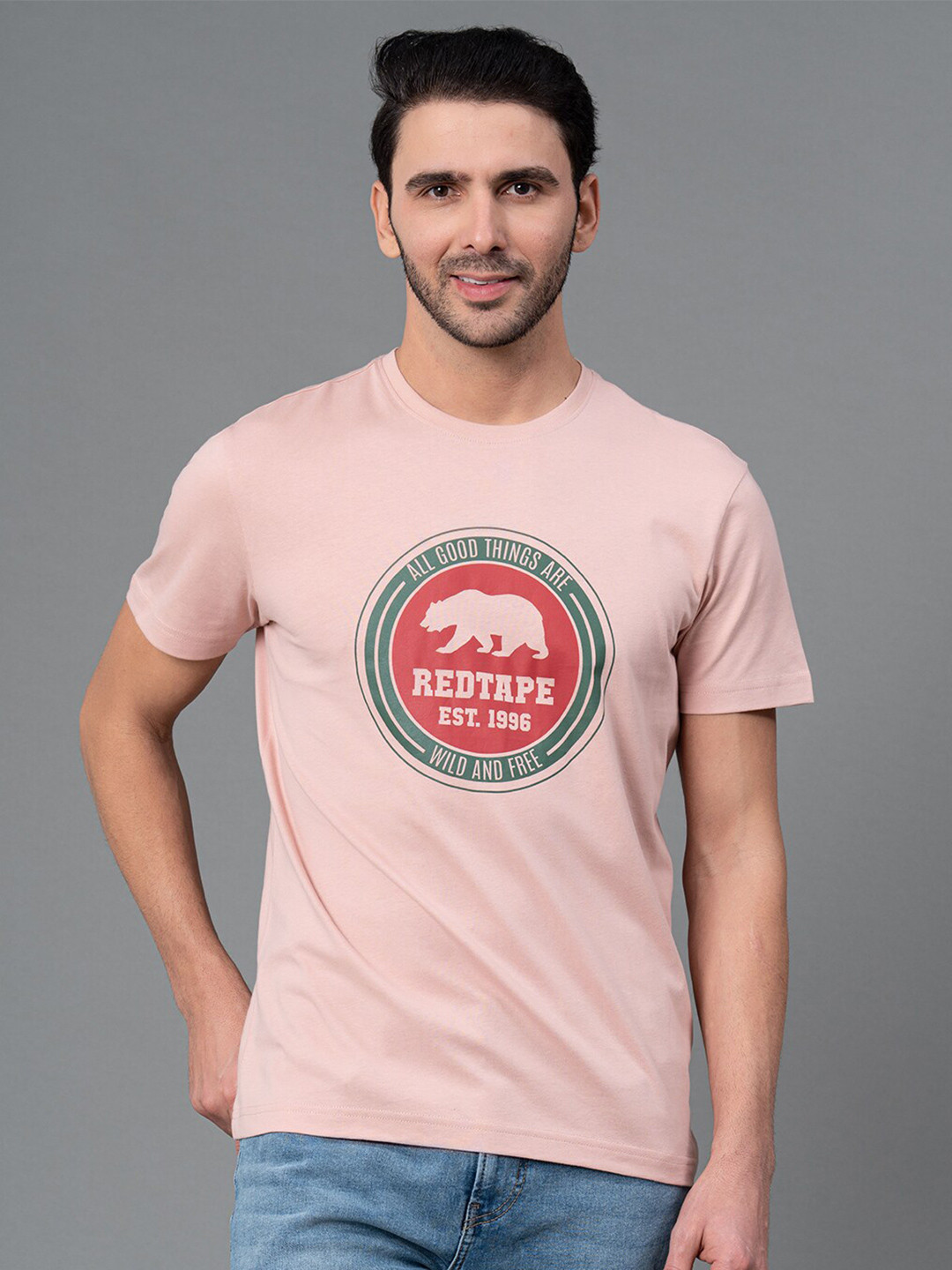 

Red Tape Men Graphic Print 100% Cotton Round Neck Half Sleeve T-Shirt, Pink