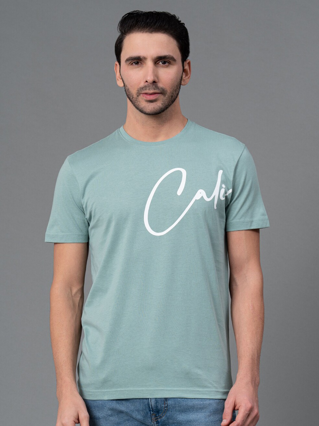 

Red Tape Men Typography Printed Cotton T-shirt, Turquoise blue