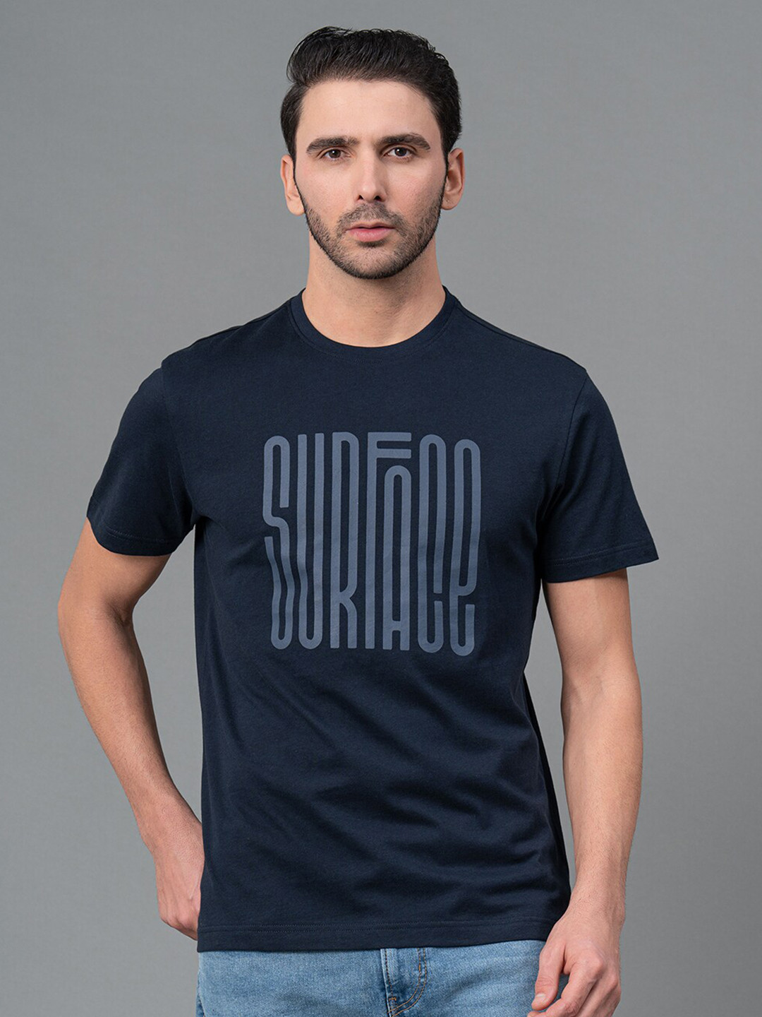 

Red Tape Men Typography Printed Pure Cotton T-shirt, Navy blue