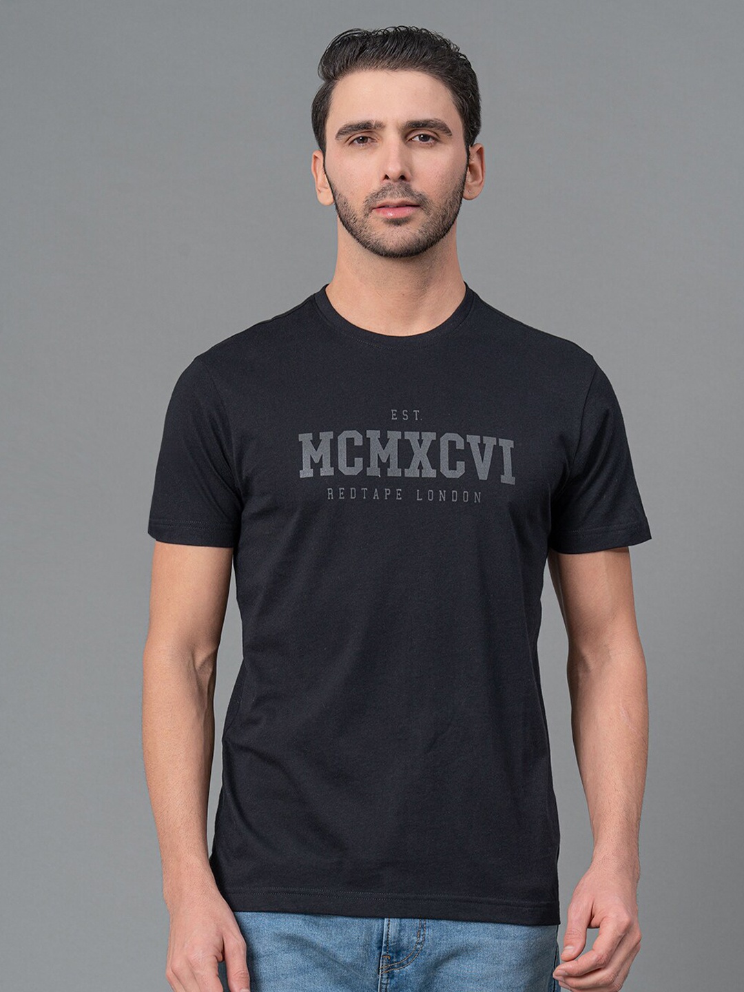 

Red Tape Men Graphic Print Pure Cotton Round Neck Half Sleeve T-Shirt, Black