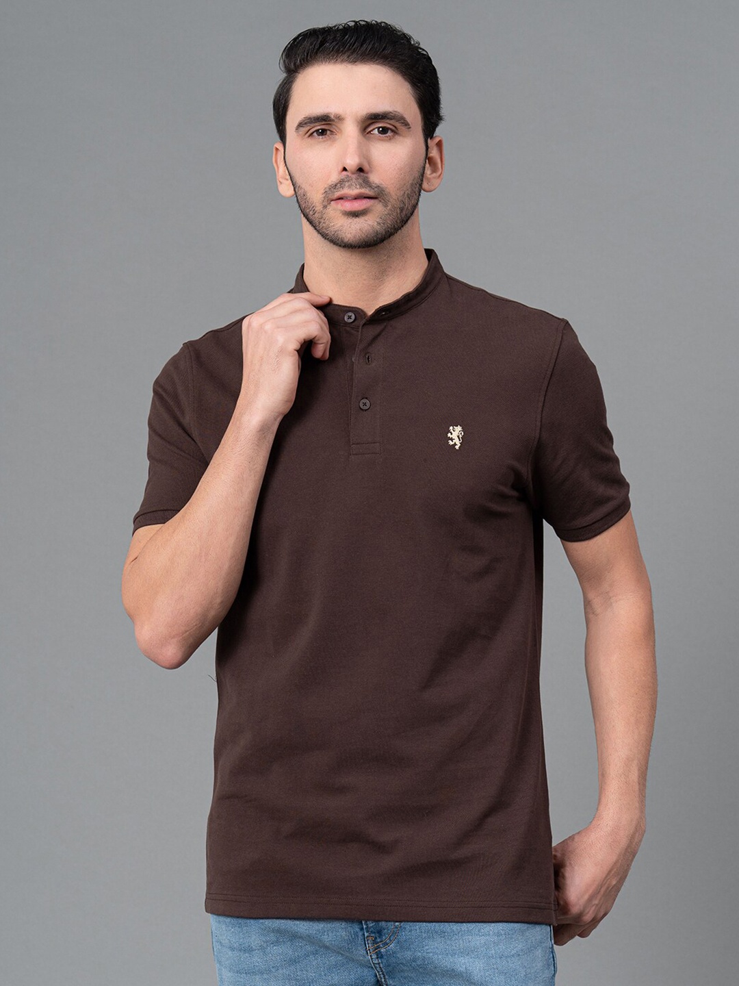 

Red Tape Men Solid Pure Cotton Henley Neck Half Sleeve T-Shirt, Brown