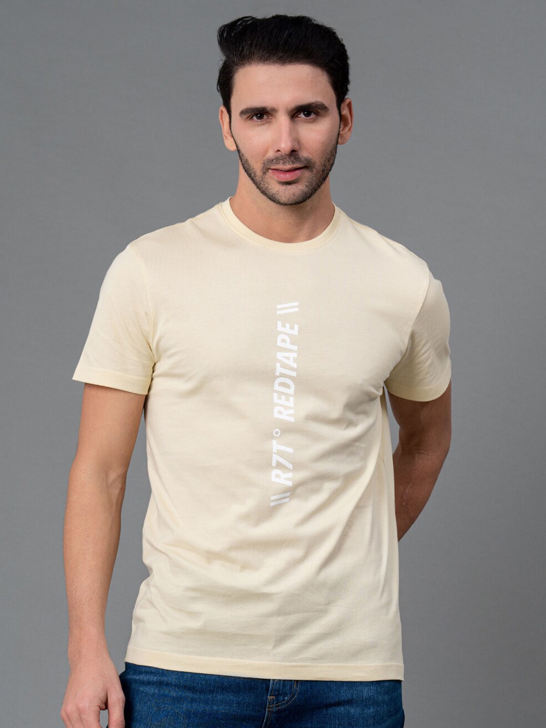 Red Tape Men Typography Printed Pure Cotton T-shirt, Yellow