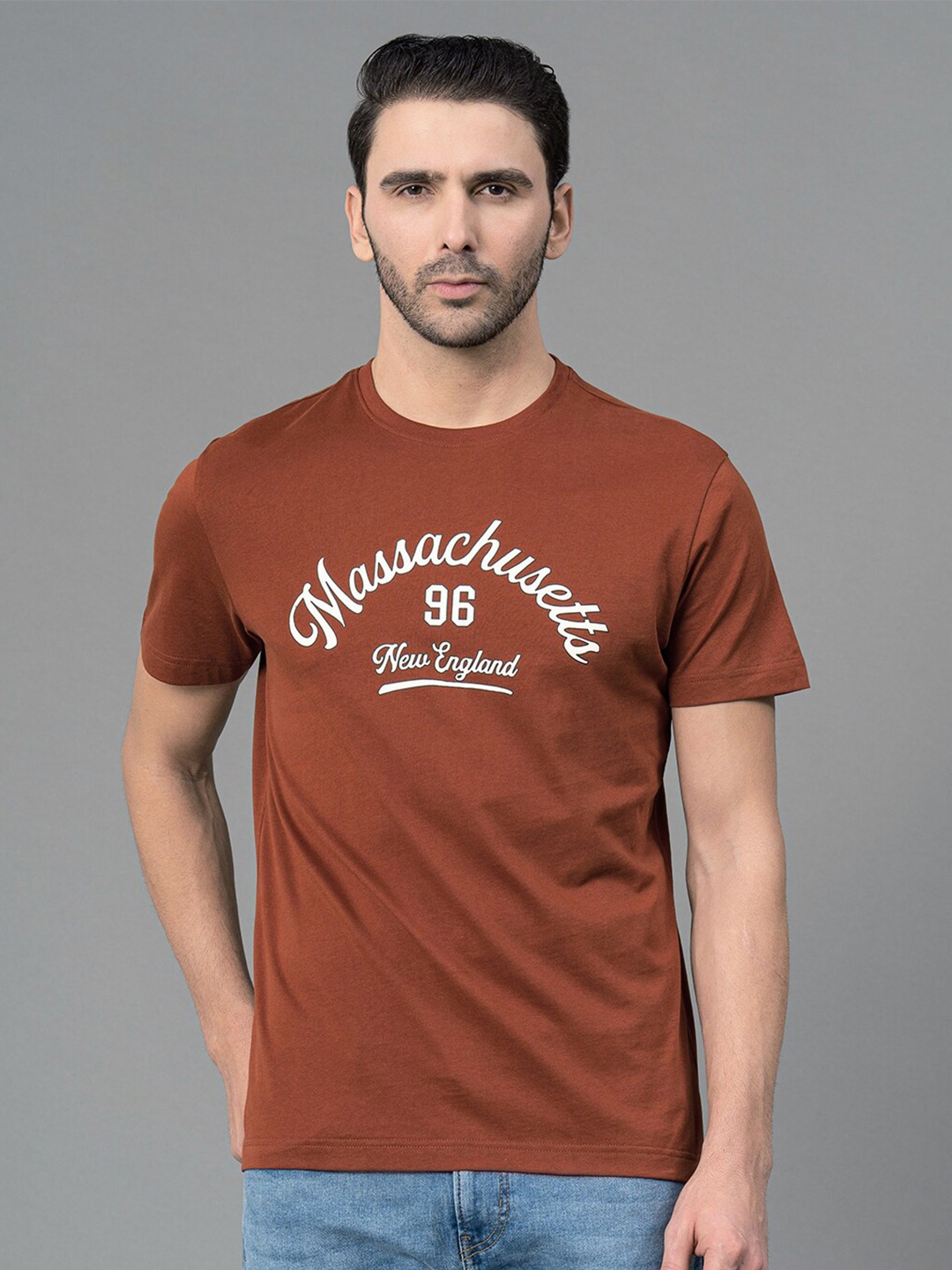 

Red Tape Men Typography Printed Pure Cotton T-shirt, Rust