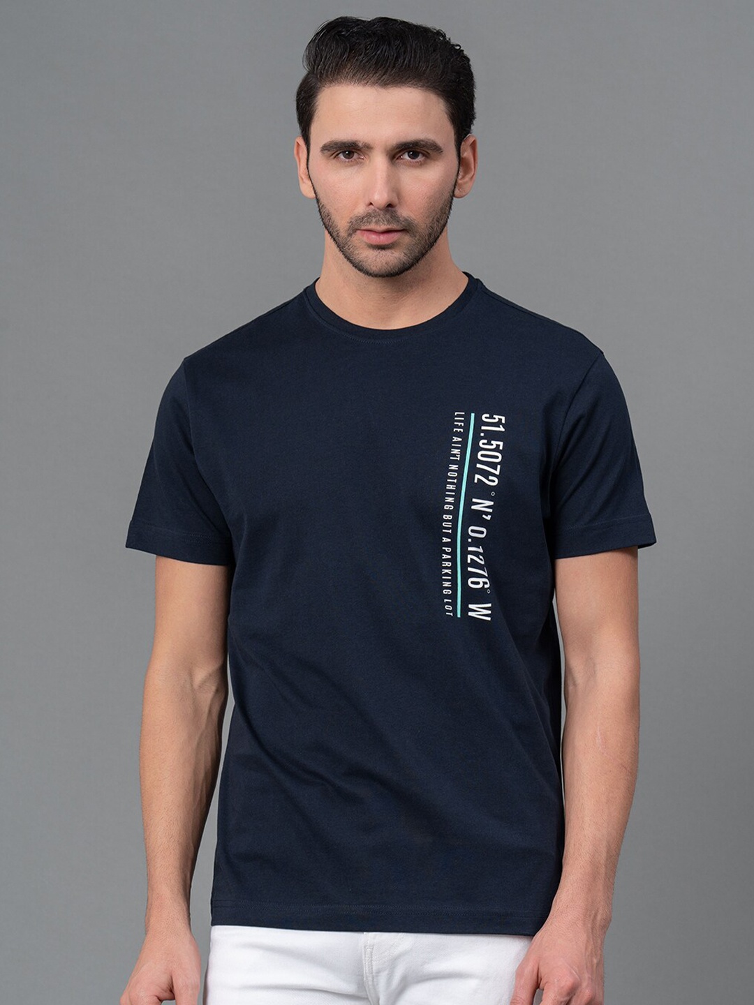

Red Tape Men Graphic Print 100% Cotton Round Neck Half Sleeve T-Shirt, Navy blue