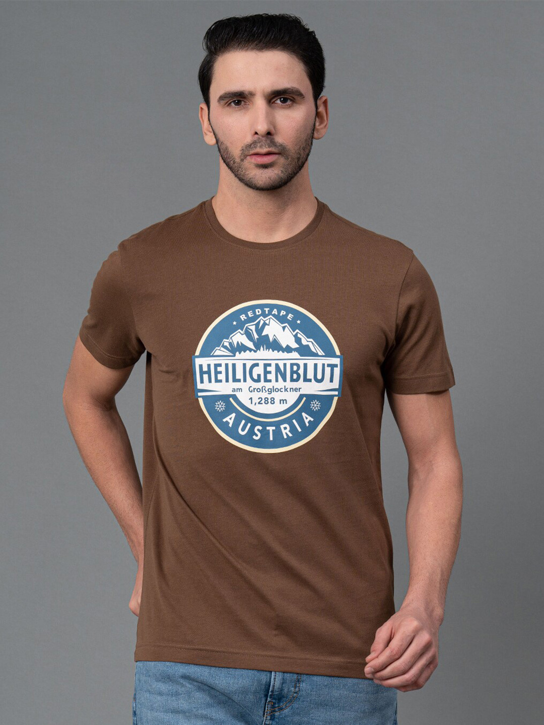 

Red Tape Men Graphic Print 100% Cotton Round Neck Half Sleeve T-Shirt, Brown