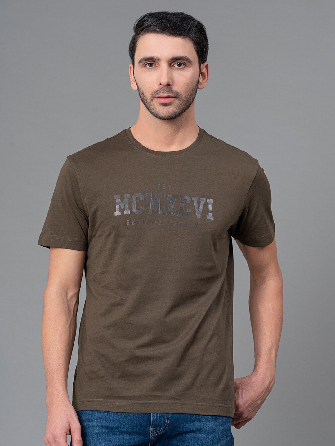 

Red Tape Men Typography Printed Pure Cotton T-shirt, Olive