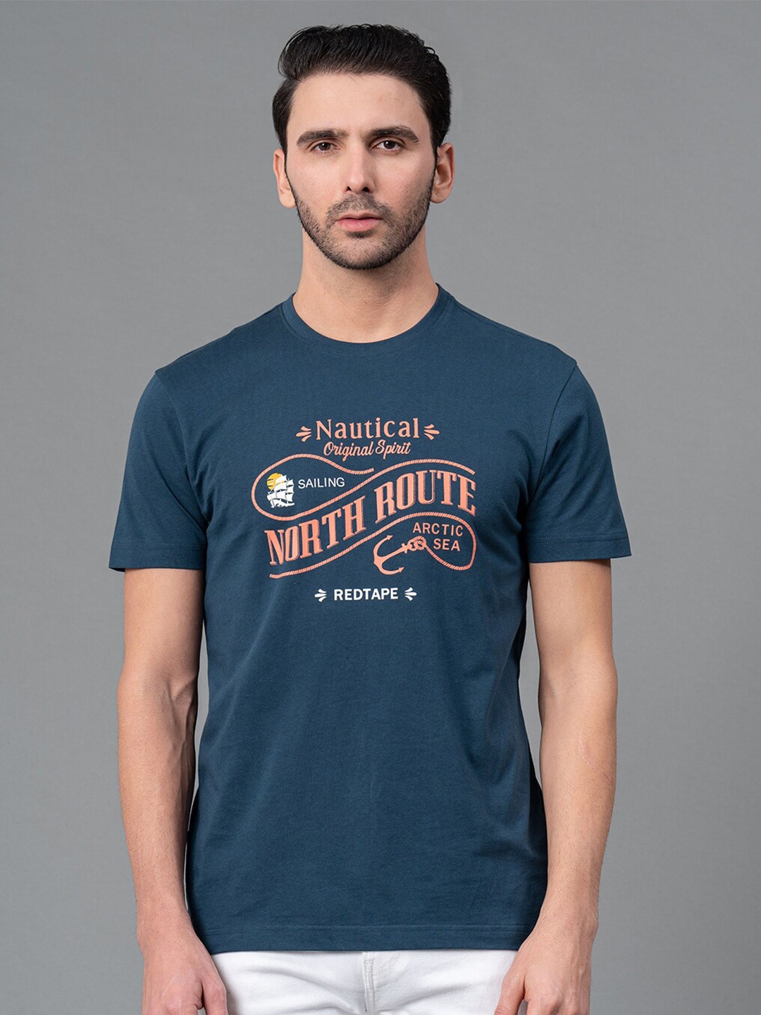 

Red Tape Men Graphic Print 100% Cotton Round Neck Half Sleeve T-Shirt, Blue