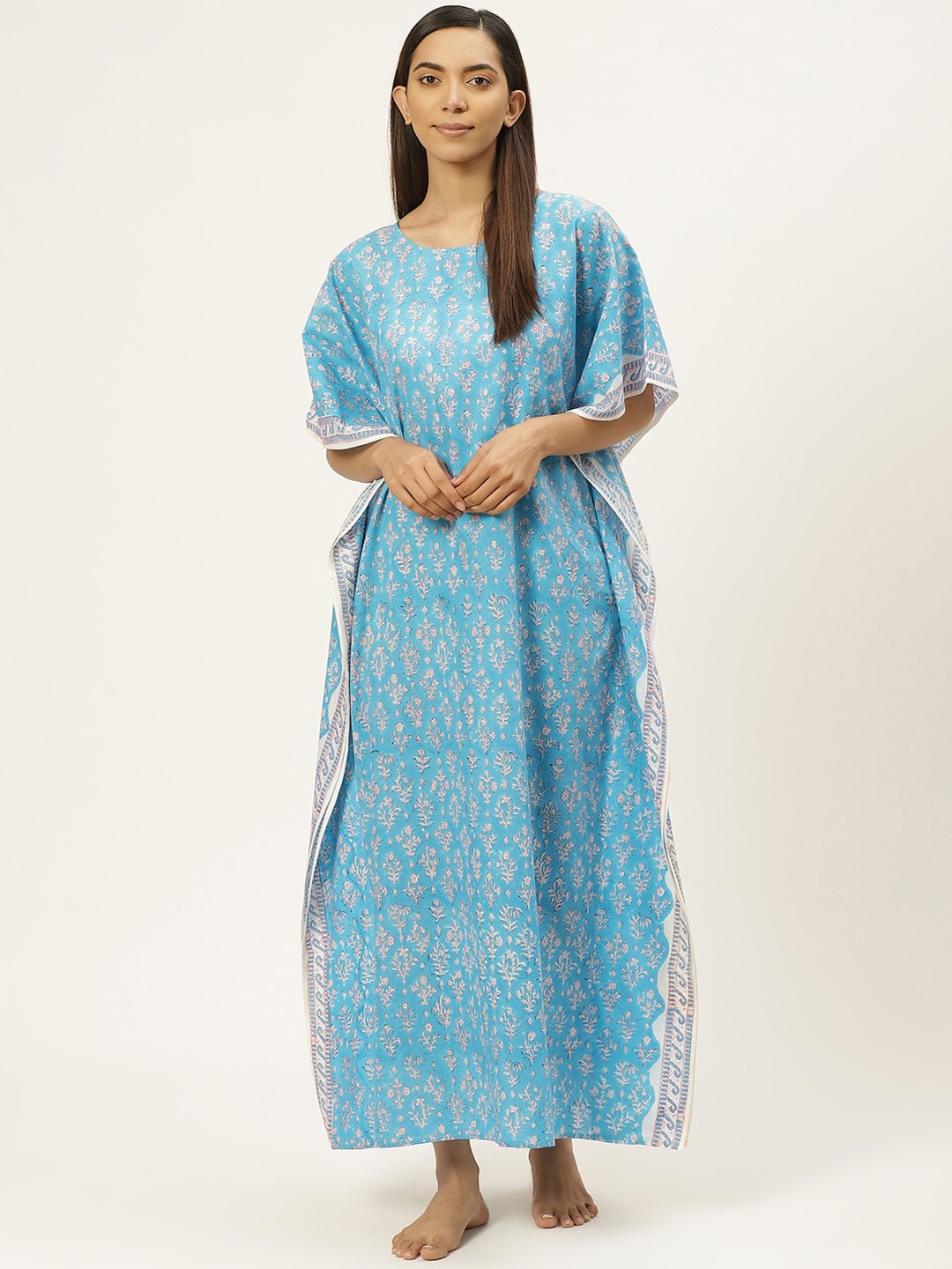

Prakrti Floral Printed Pure Cotton Maxi Kaftan Nightdress, Blue