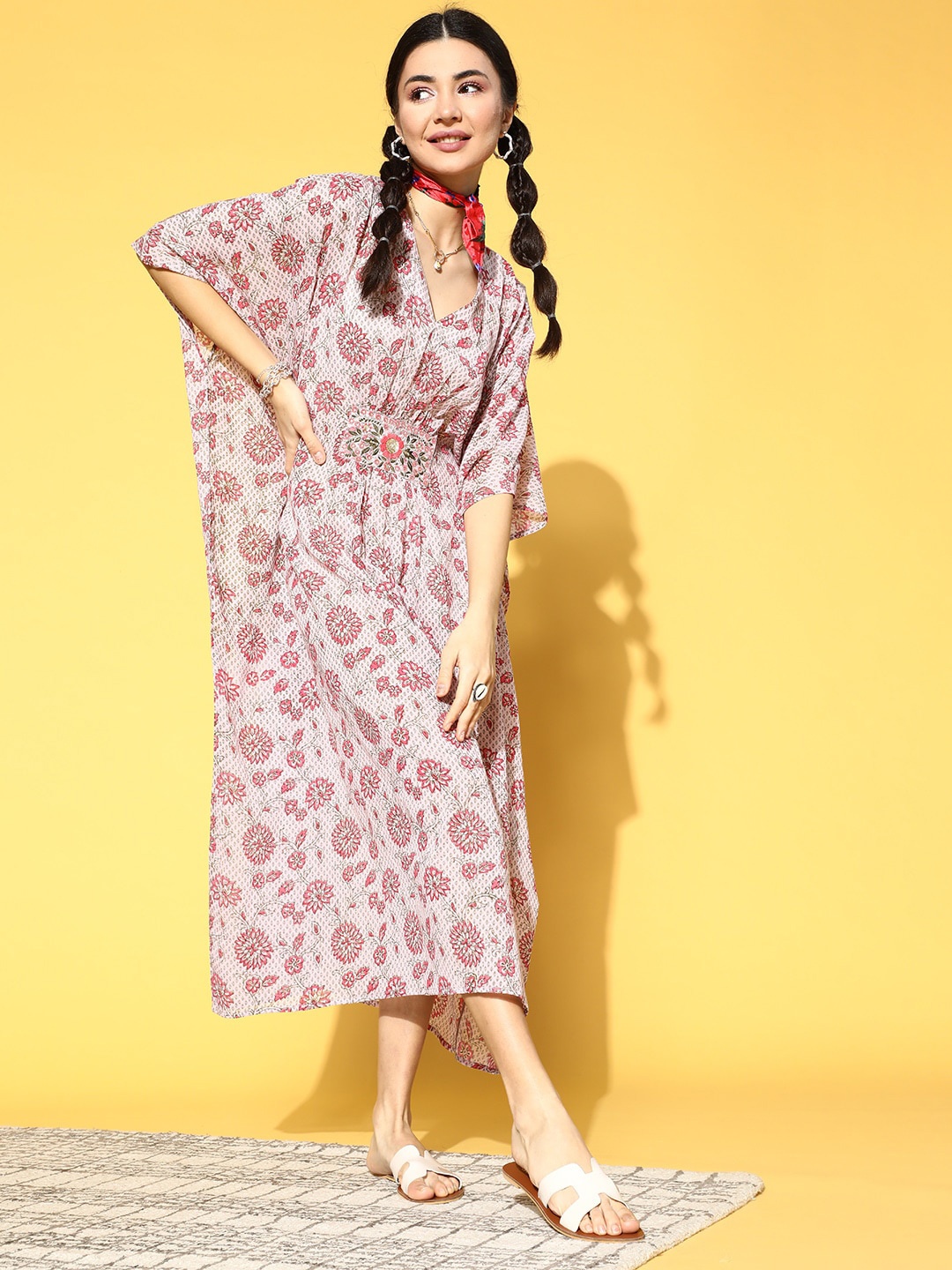 

Prakrti Floral Printed Pure Cotton Midi Kaftan Nightdress, Pink