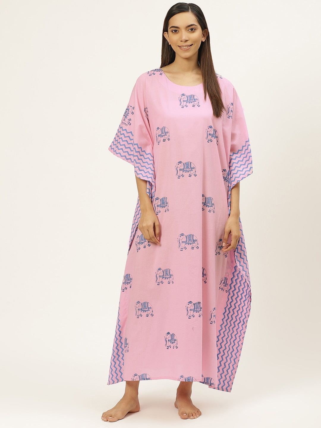 

Prakrti Ethnic Motifs Printed Pure Cotton Maxi Kaftan Nightdress, Pink