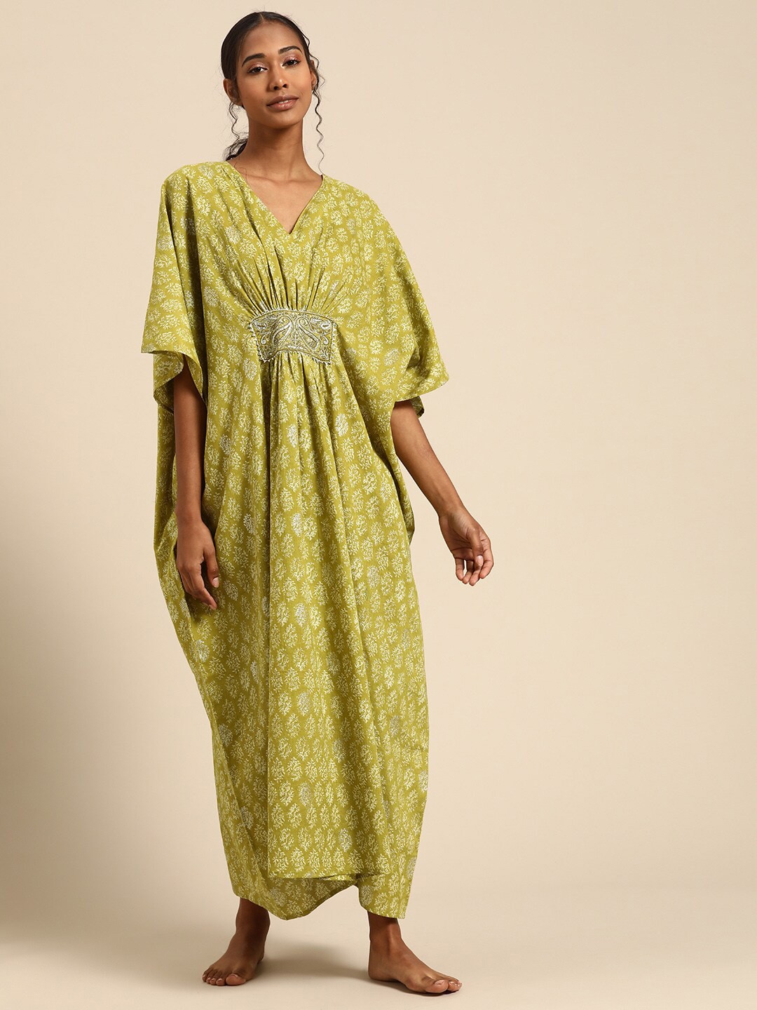 

Prakrti Ethnic Motifs Printed Pure Cotton Maxi Kaftan Nightdress, Green