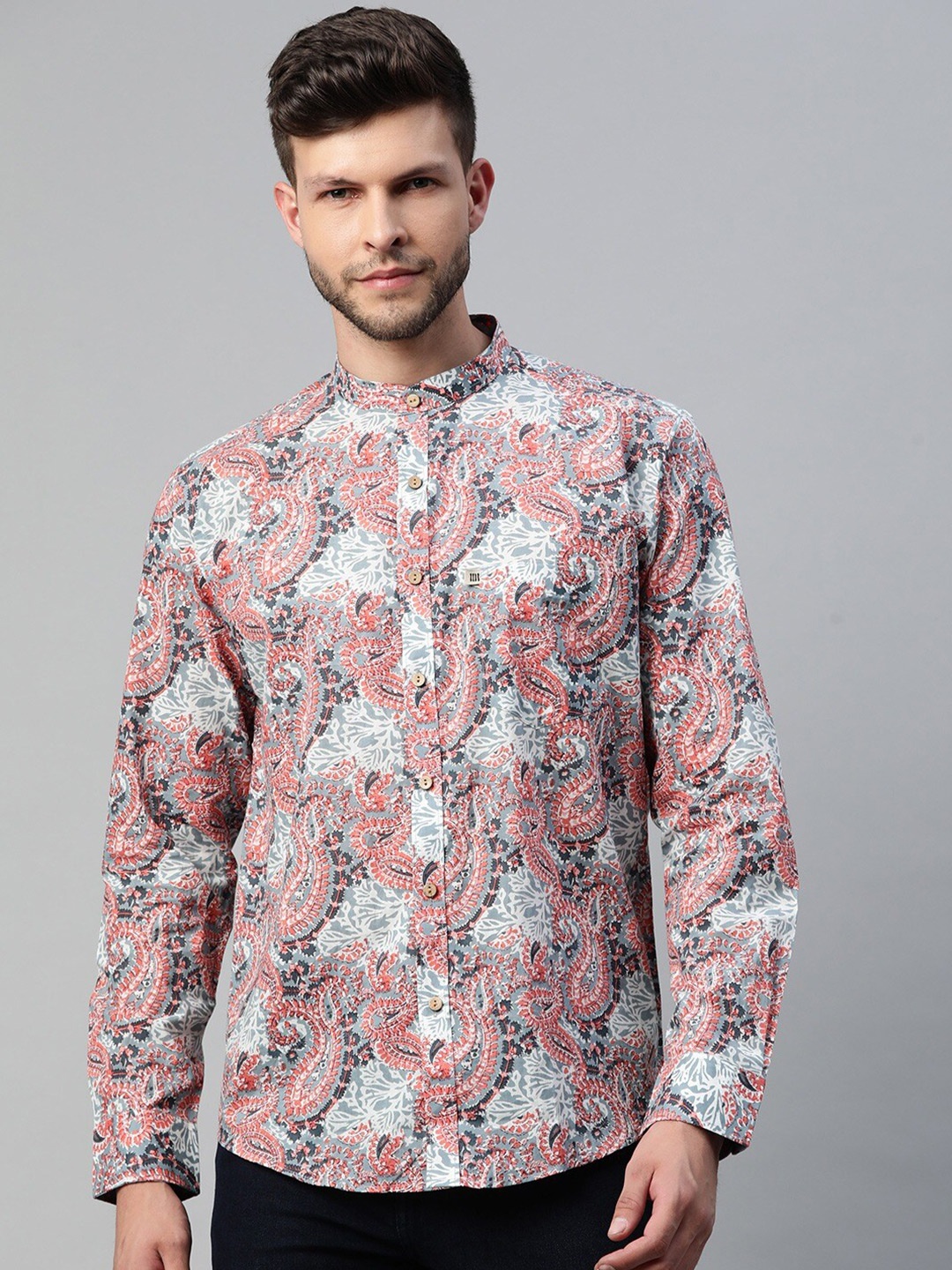 

Readiprint Fashions Men Mandarin Collar Floral Printed Party Cotton Shirt, White