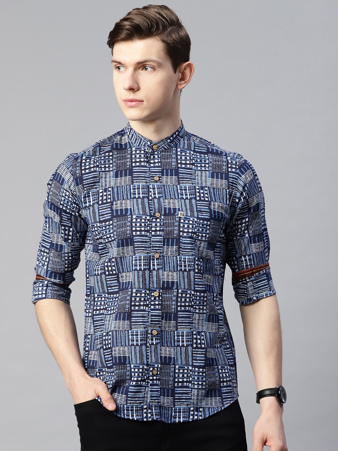 

Readiprint Fashions Men Abstract Printed Mandarin Collar Cotton Shirt, Blue