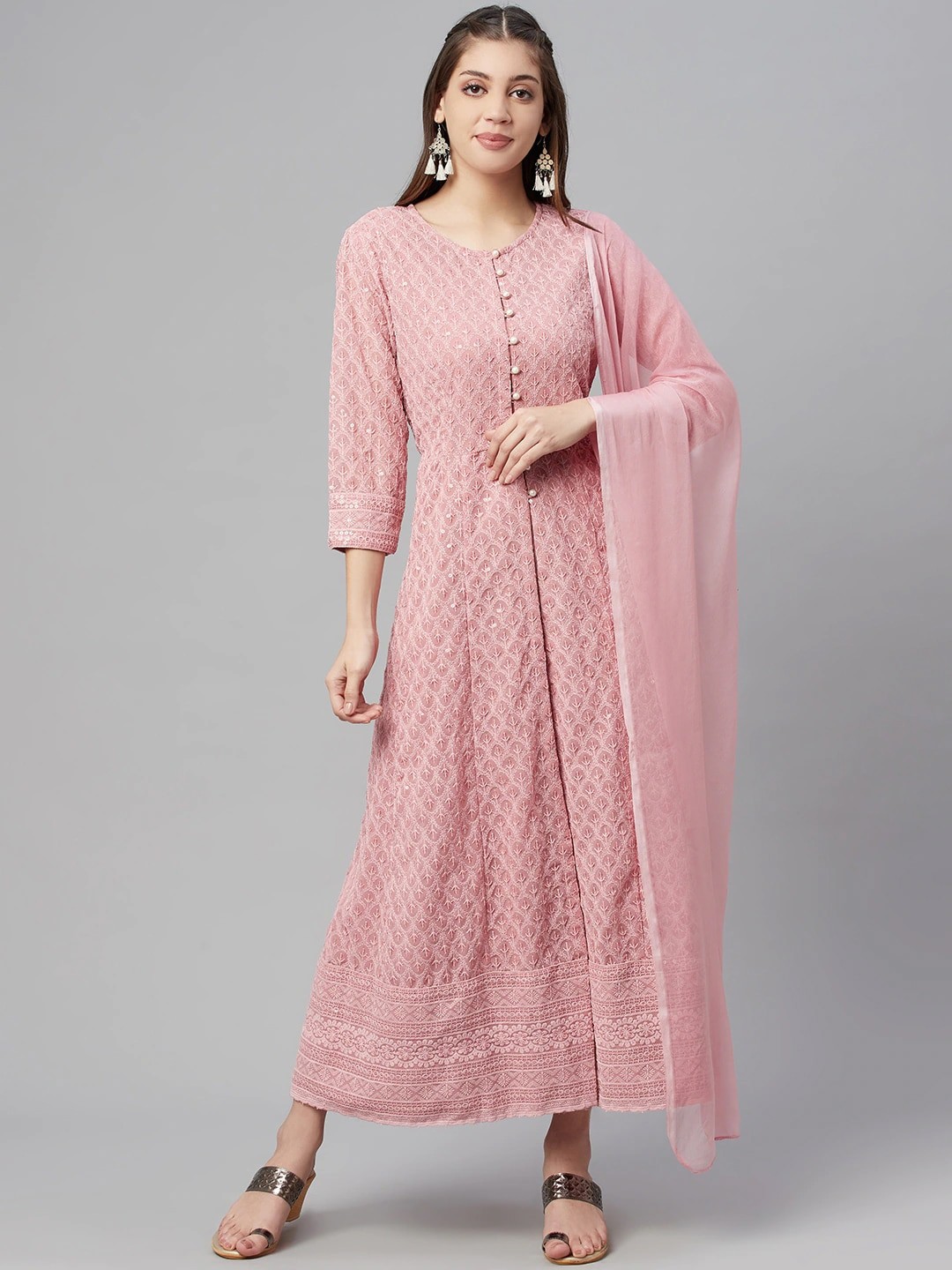 

Readiprint Fashions Women Chikankari Floral Embroidered Cotton Anarkali Kurta, Pink