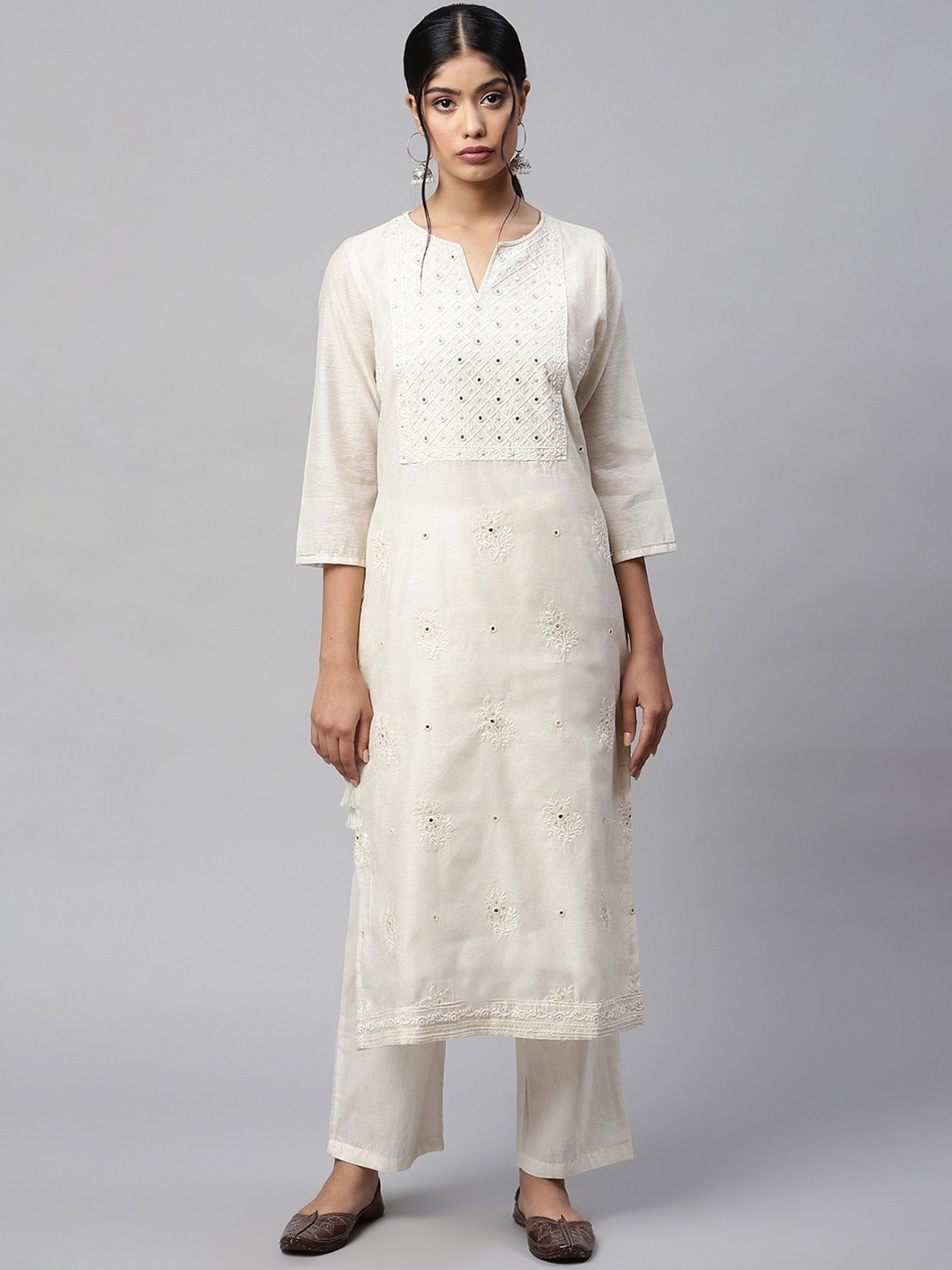 

Readiprint Fashions Embroidered Chanderi Cotton Kurta with Palazzos, Off white