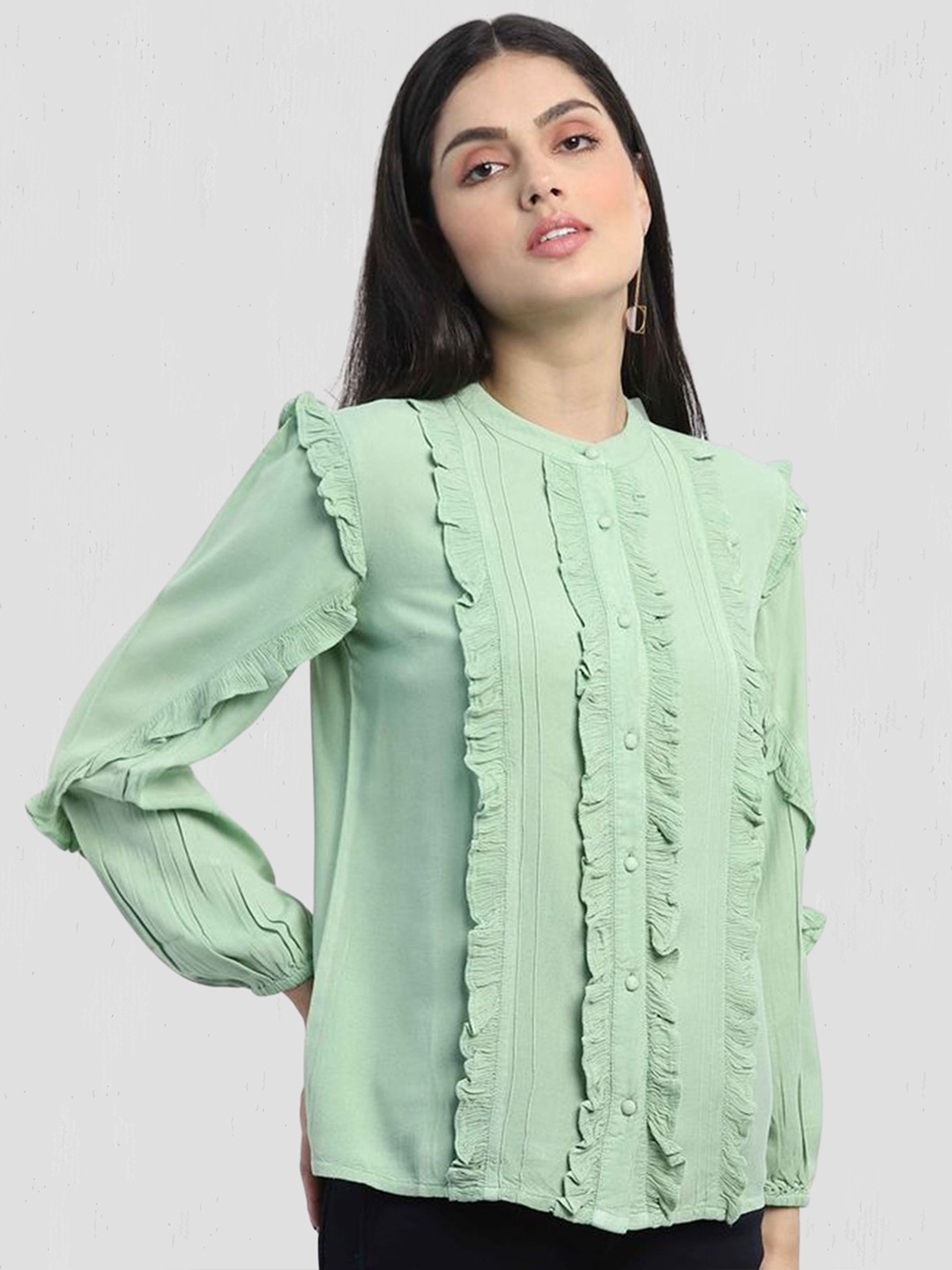 

MKOAL Women Frills Relaxed Fit Casual Shirt, Green