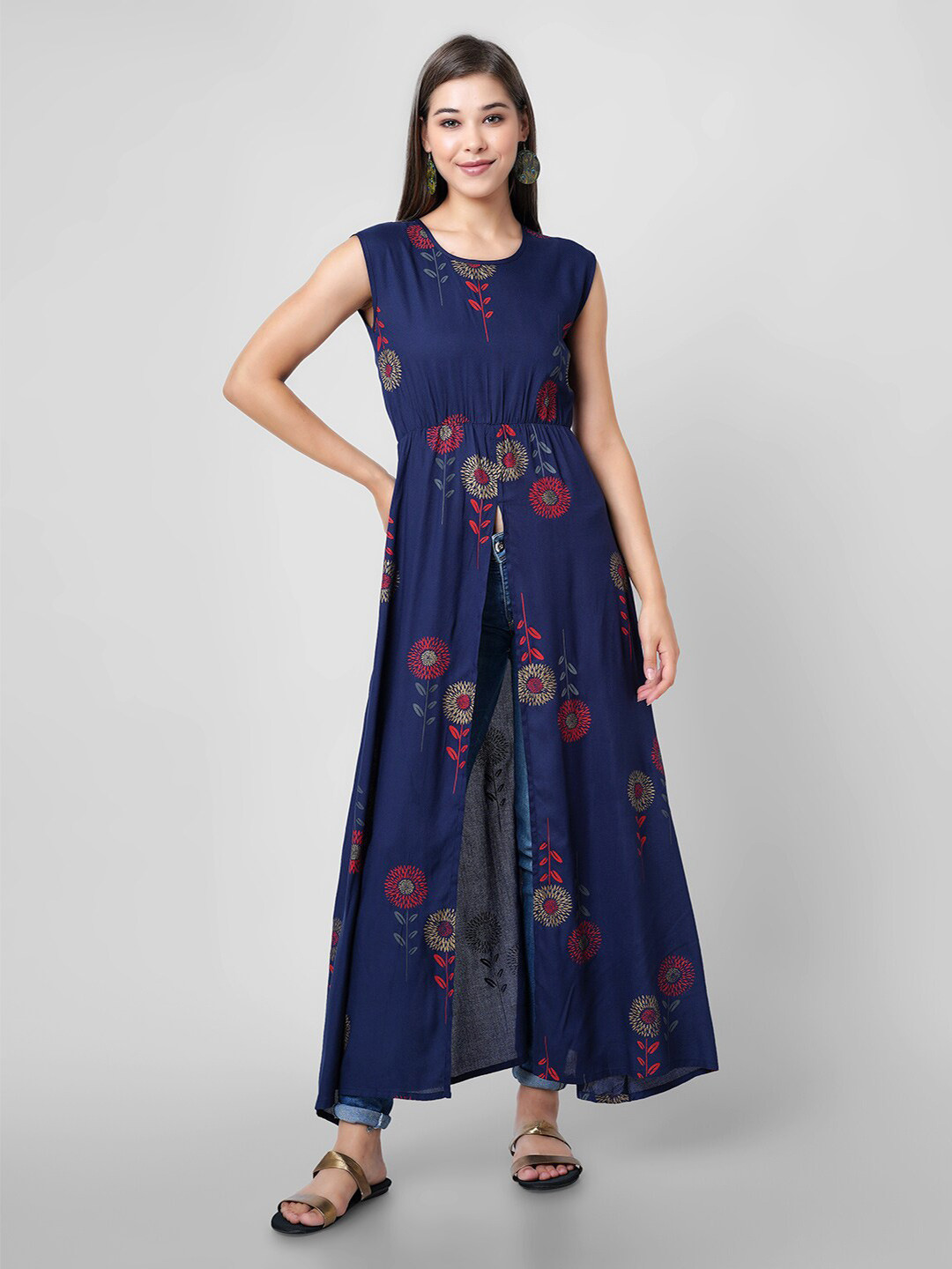 

PURSHOTTAM WALA Women Floral Printed Kurta, Navy blue