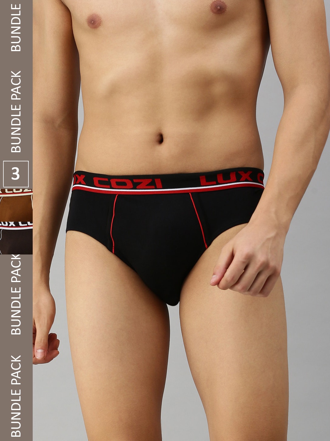 

Lux Cozi Men Pack Of 3 Pure Cotton Mid-Rise Basic Briefs - COZI_BIGSHOT_BRF_BLK_BRN_DG_3PC, Black