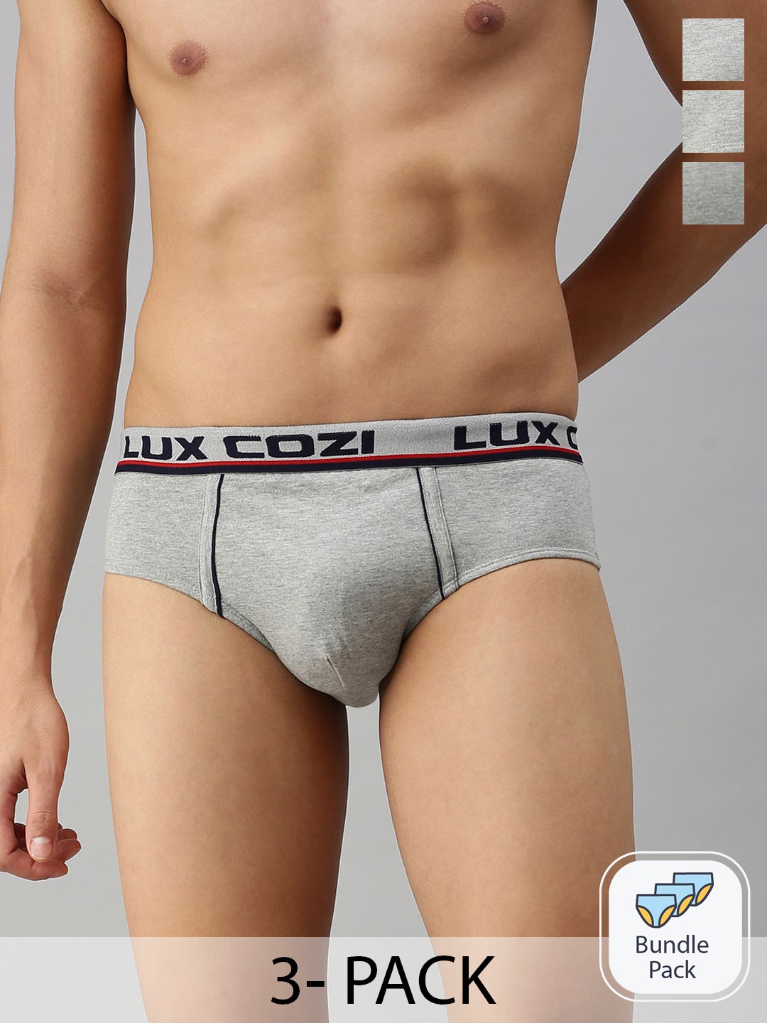 

Lux Cozi Men Pack Of 3 Pure Cotton Mid-Rise Basic Briefs COZI_BIGSHOT_BRF_GM_3PC, Grey melange