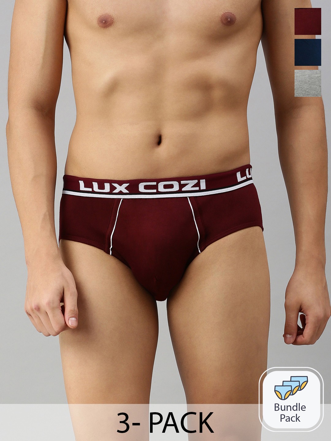 

Lux Cozi Men Pack Of 3 Mid-Rise Anti-Odour Basic Briefs- COZI_BIGSHOT_BRF_GM_MRN_MBU_3P, Grey melange