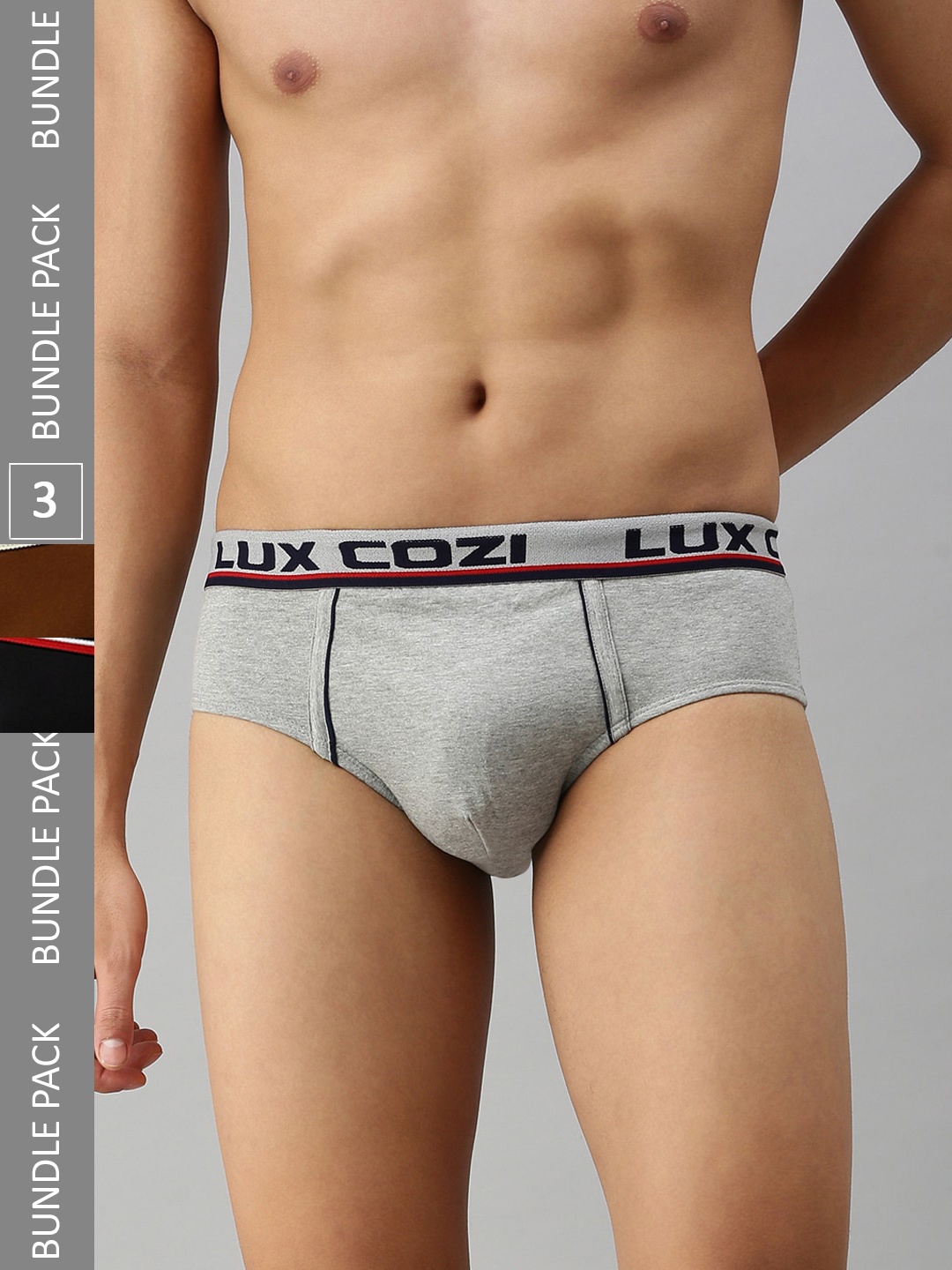 

Lux Cozi Men Pack Of 3 Mid-Rise Anti-Odour Basic Briefs- COZI_BIGSHOT_BRF_GM_MST_2PC, Grey melange